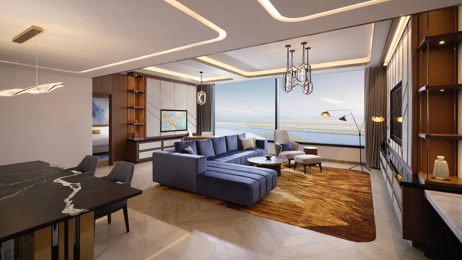 休息區設有舒適座椅、電視及窗戶