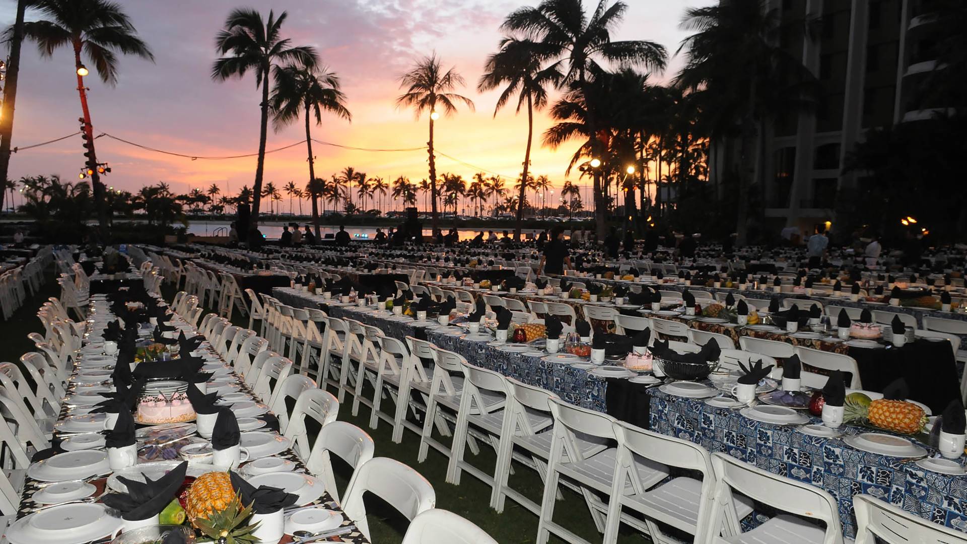 Close-up of table setup of Luau on Lawn buffet