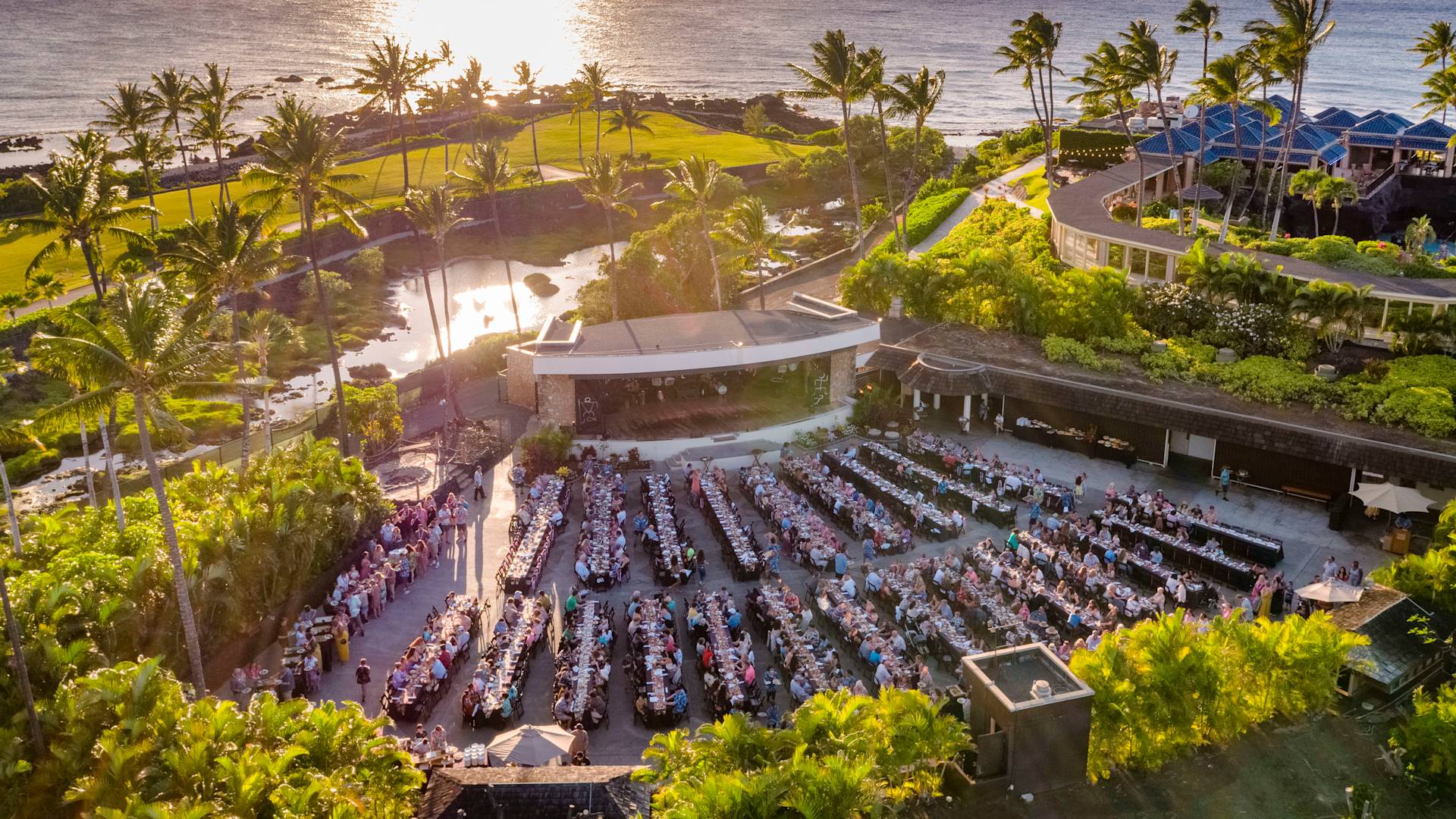 Overhead view of building with seating area