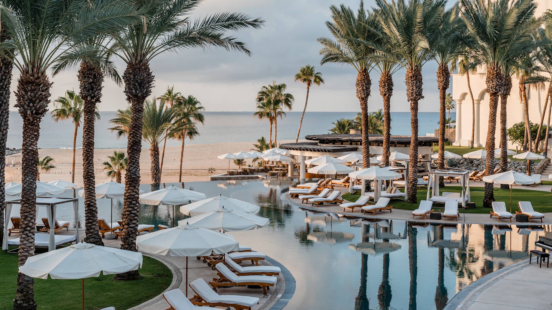 Piscine à débordement bordée de palmiers entourée de transats et de parasols blancs