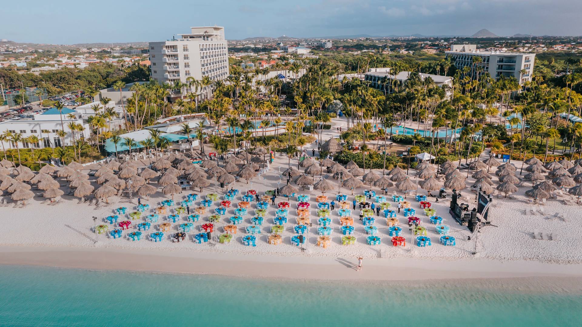 aerial view of beach setup for an event