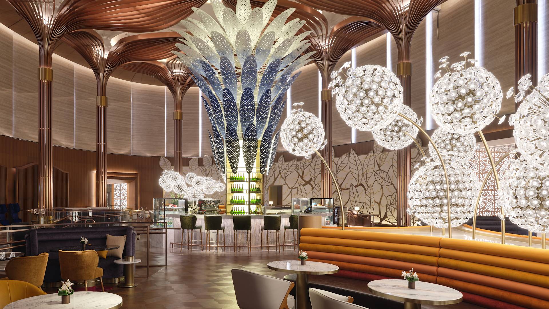 Horizon Lounge, bar e área de lounge decorados com luzes azuis e brancas redondas