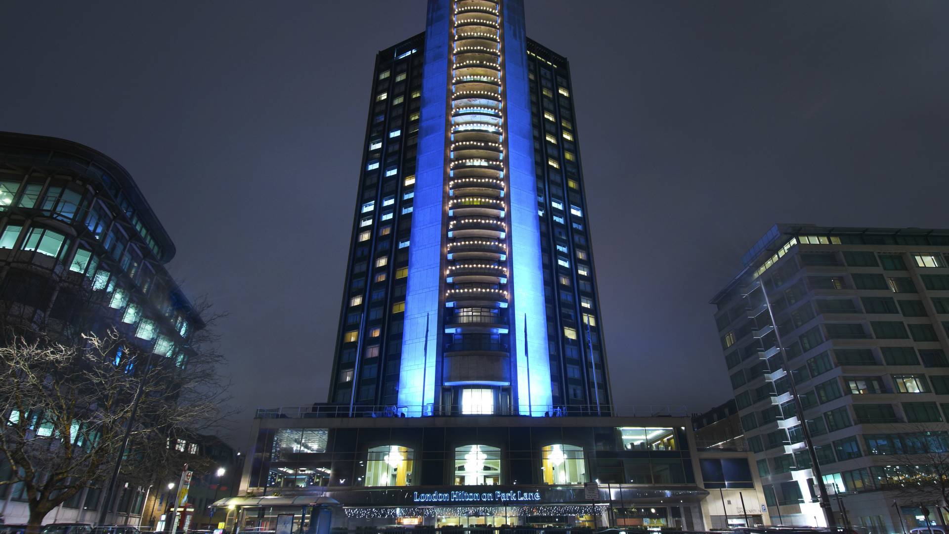 High Rise Hotel Exterior at Night