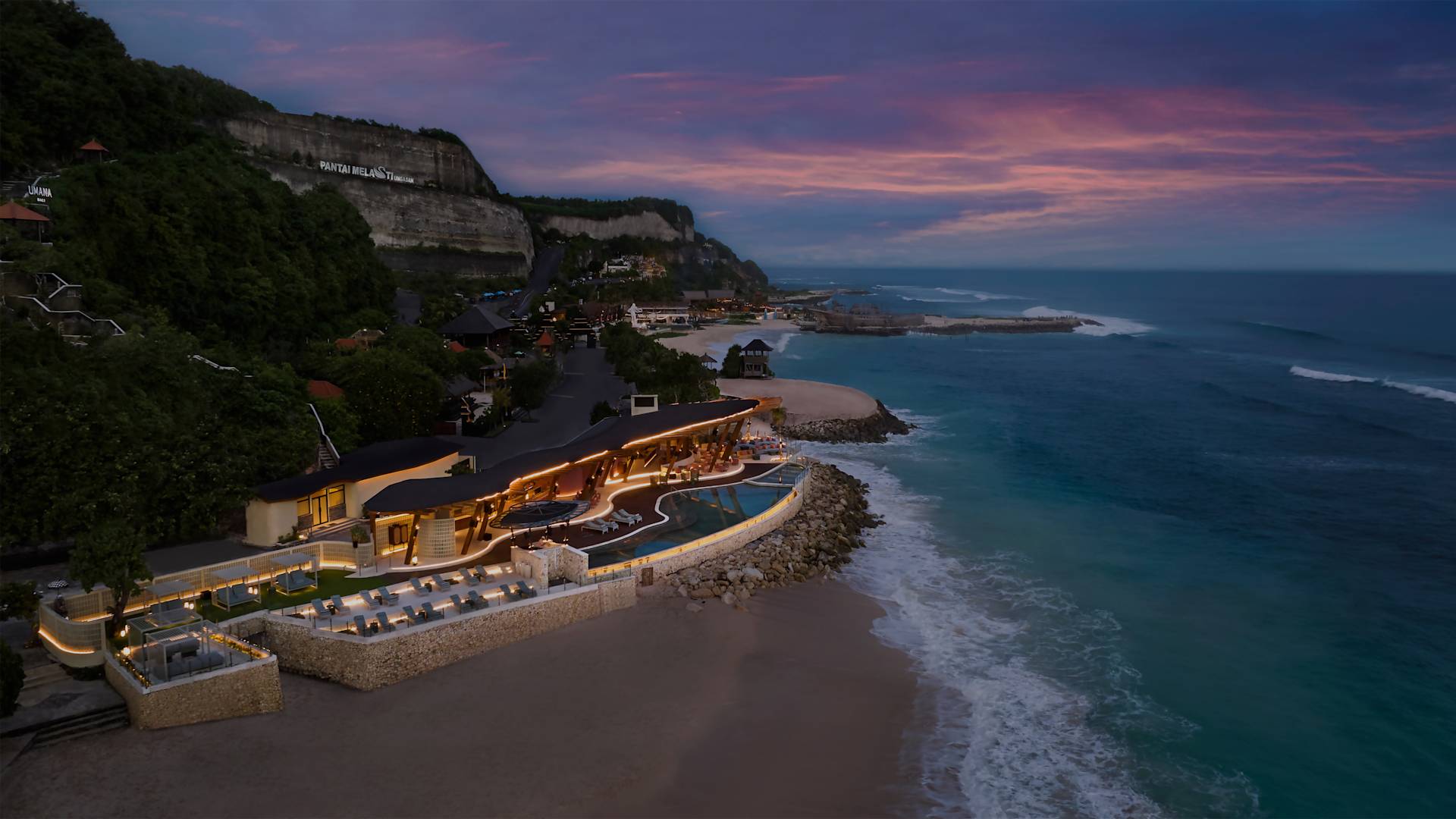 Aerial View of Uma Beach House Restaurant at Sunset