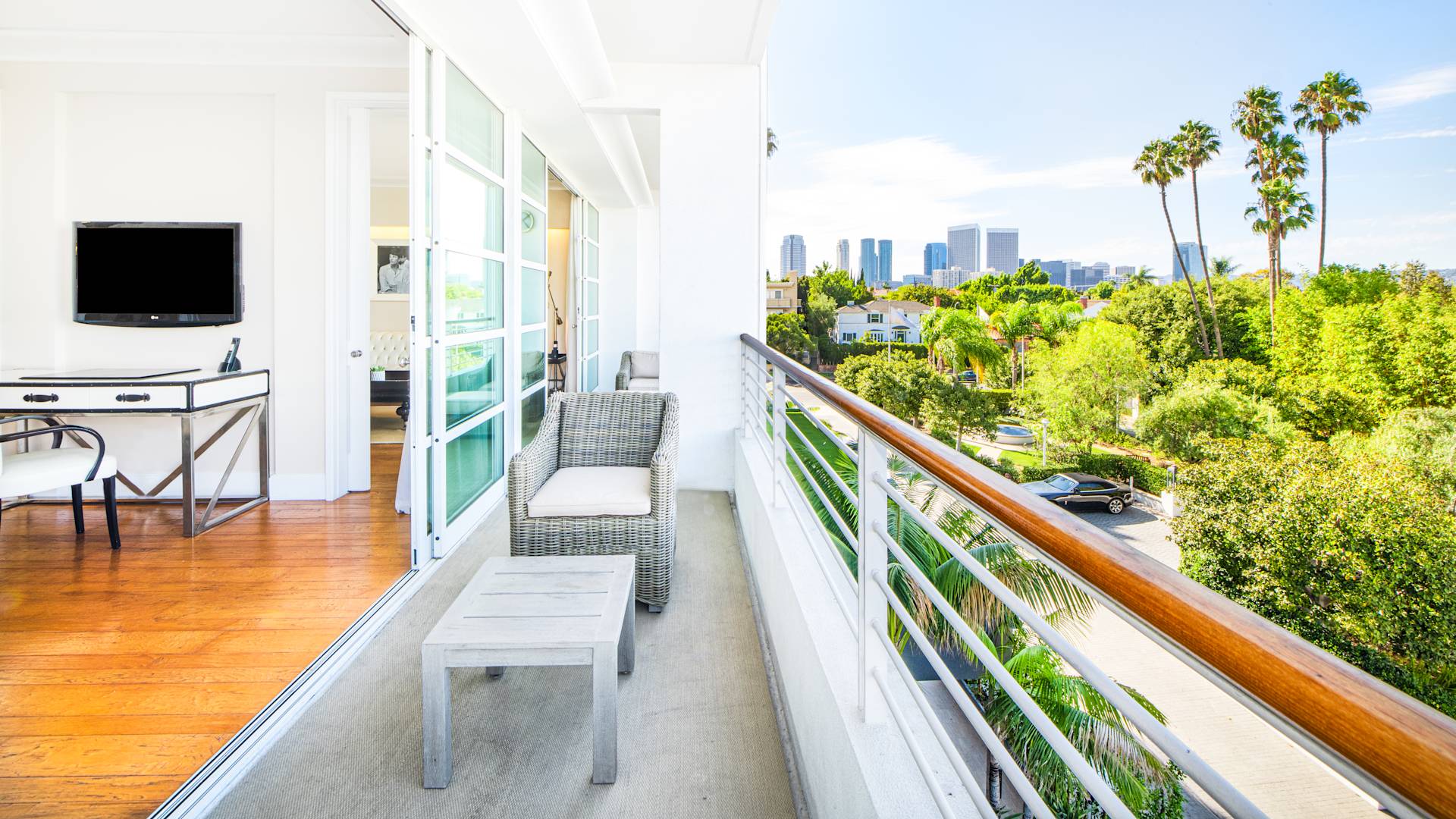 Balcony area with table and chair
