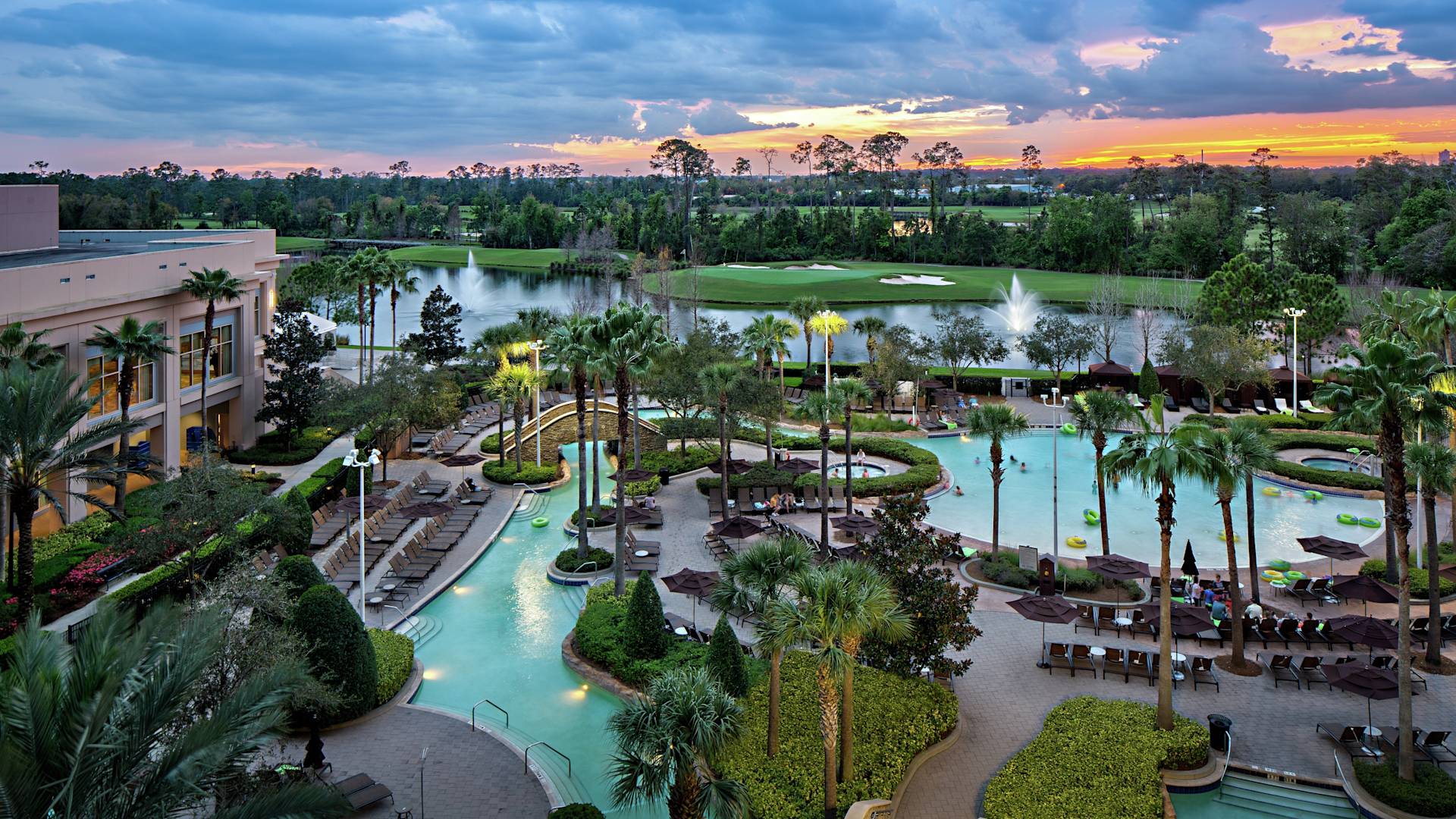 Aerial View of Outdoor Pool Area at Dusk