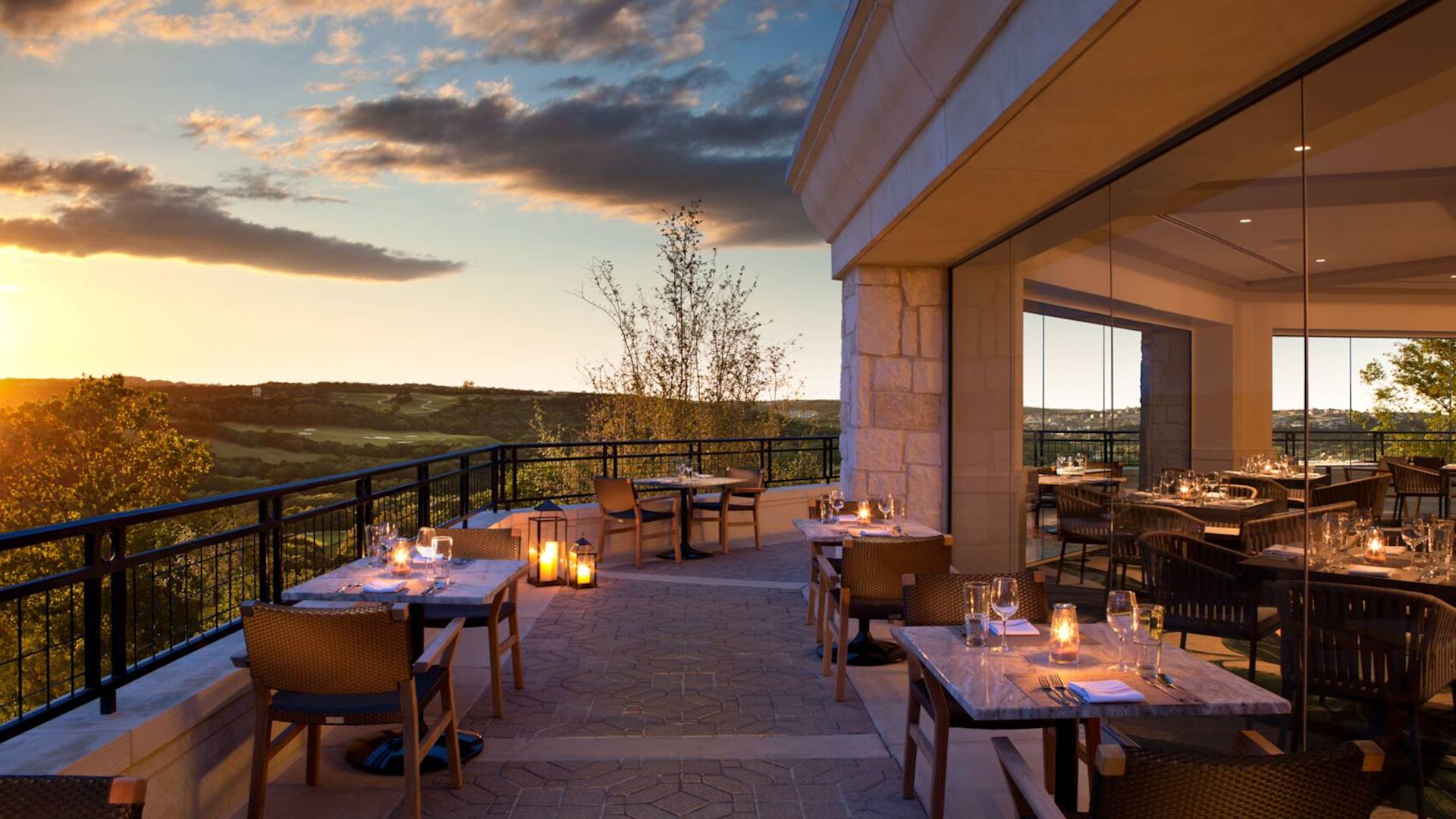 SweetFire Kitchen outdoor patio seating at sunset