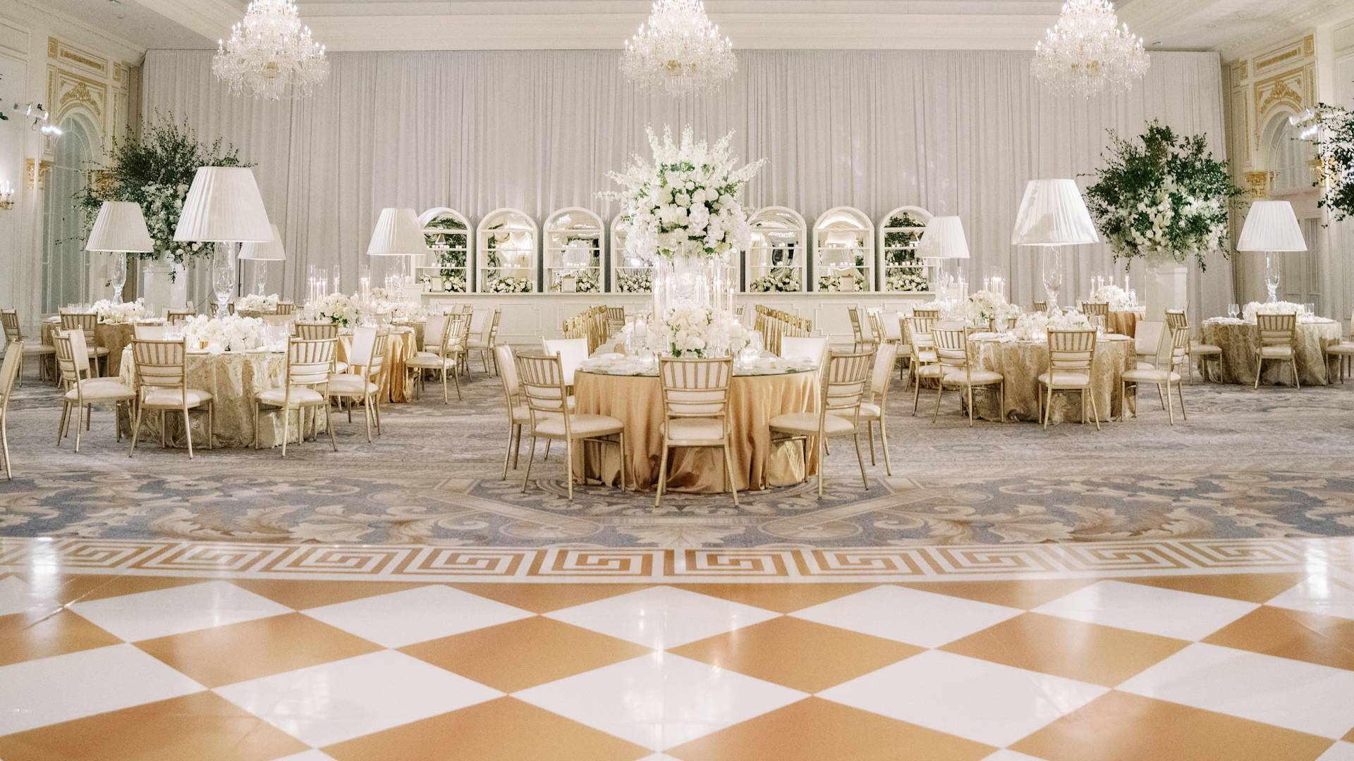 ballroom, wedding reception set up, white flowers