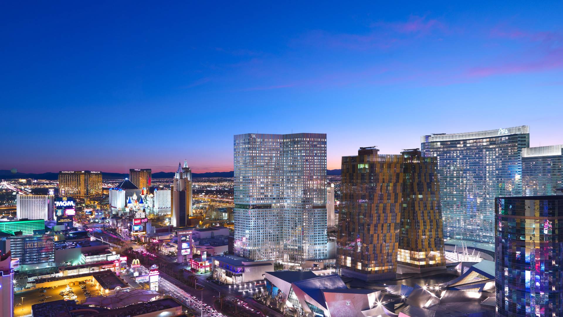 Panoramic Shot of Hotel Exterior And Las Vegas Strip