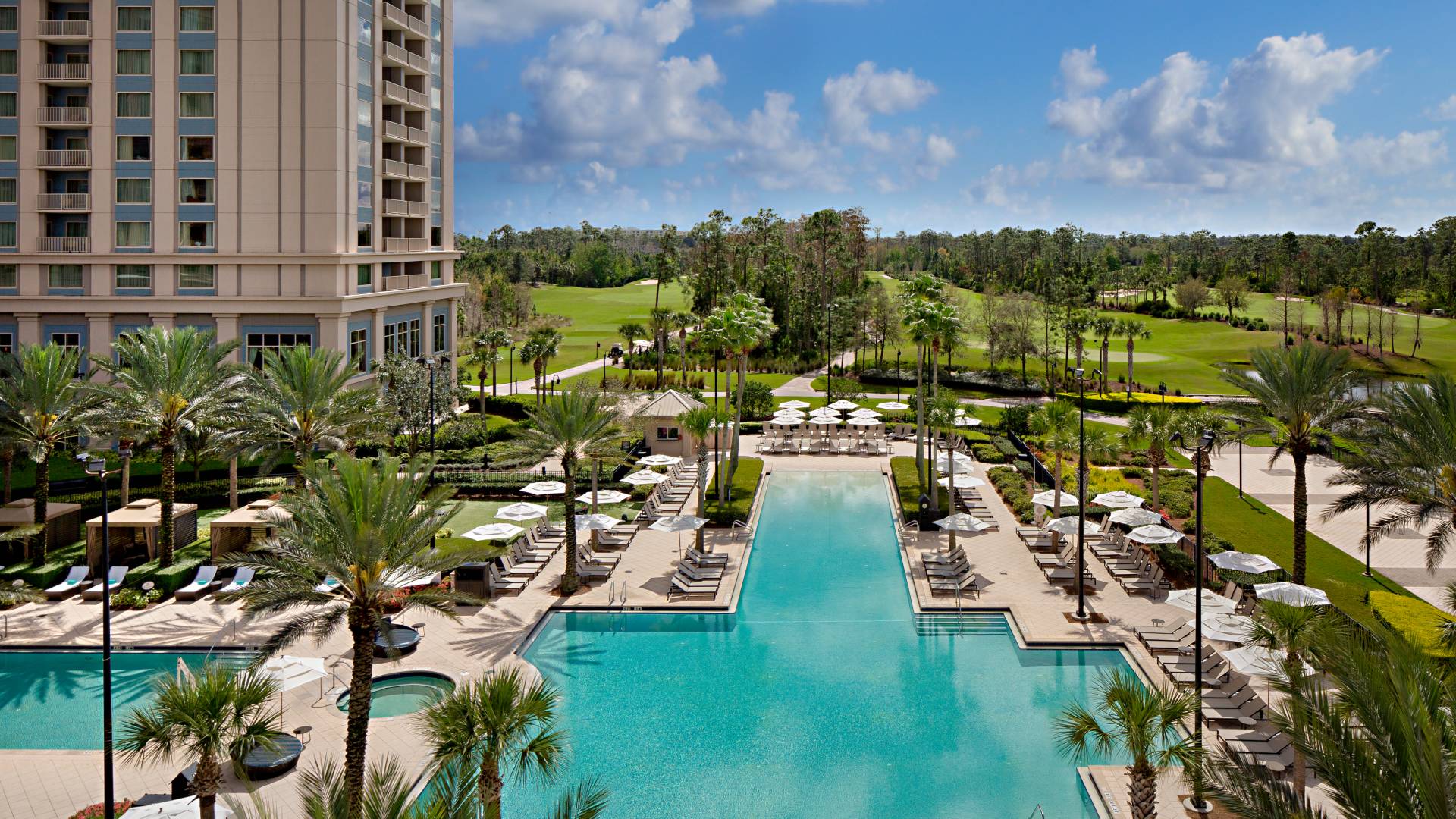 Pemandangan Kolam Renang Luar Ruangan dengan Pepohonan Palem