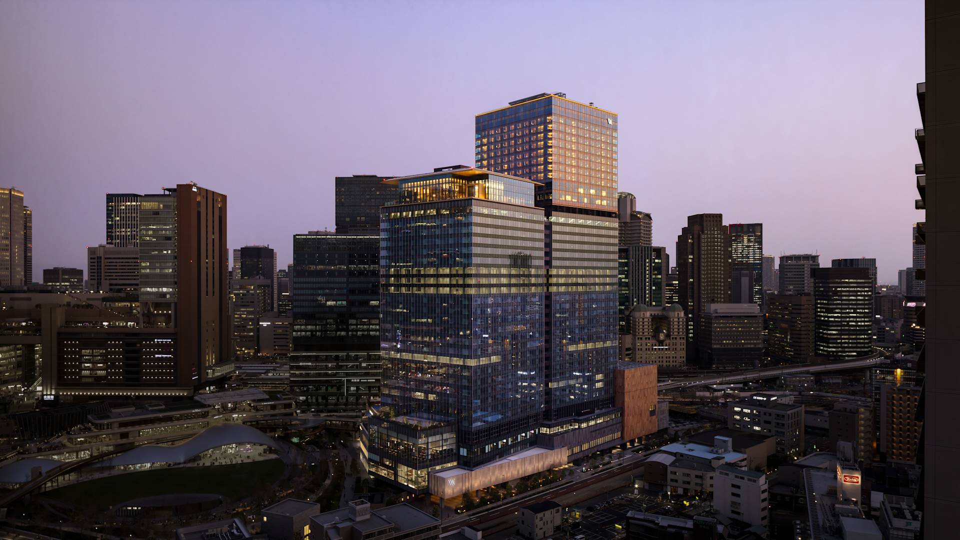 hotel exterior at dusk