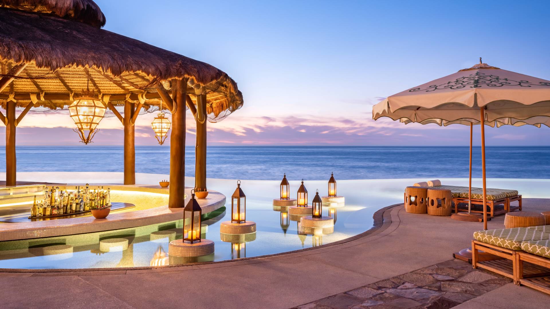 Adults only Pool area with Lanterns and View of Sea