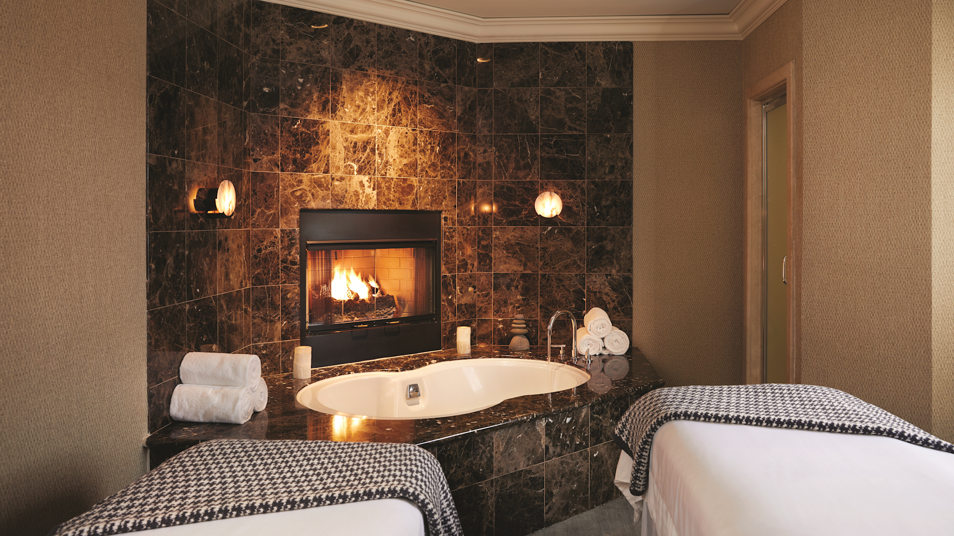 spa massage room with fireplace