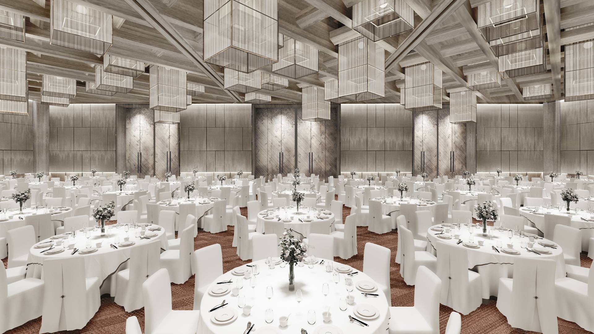 Sala balowa ze stołami bankietowymi