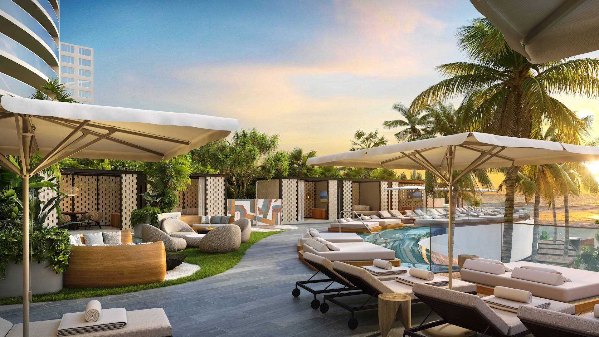 Render cabana tepi kolam saat matahari terbenam