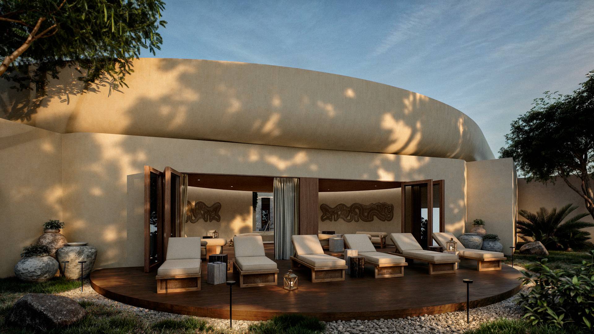 Sitzbereich im Freien am Spa mit Liegestühlen