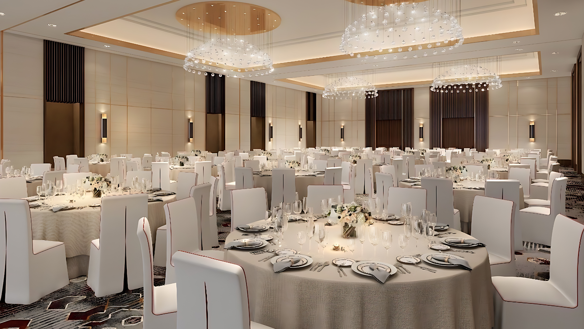 Бальный зал, элегантное оформление зала для проведения мероприятий