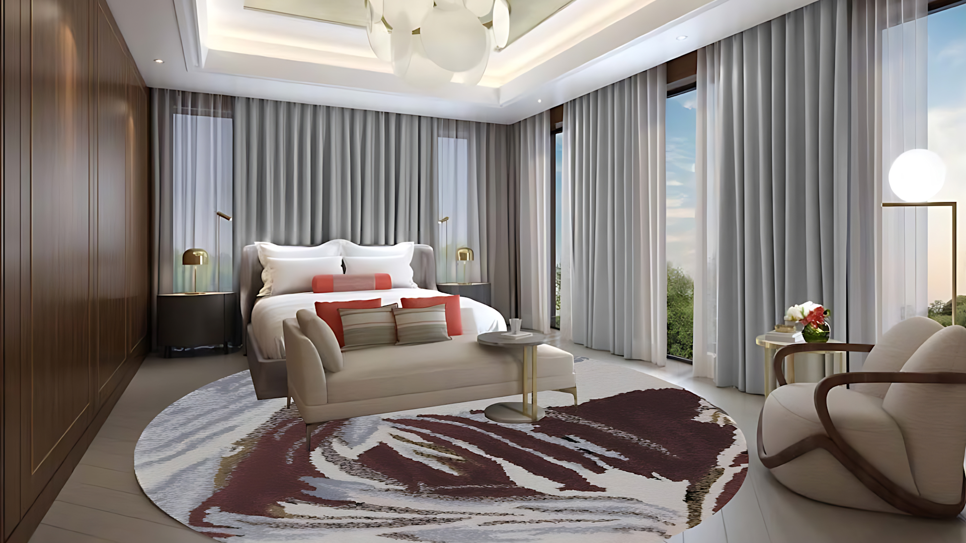 Darstellung des Zimmers mit Bett, Couch, Sessel und großen Fenstern