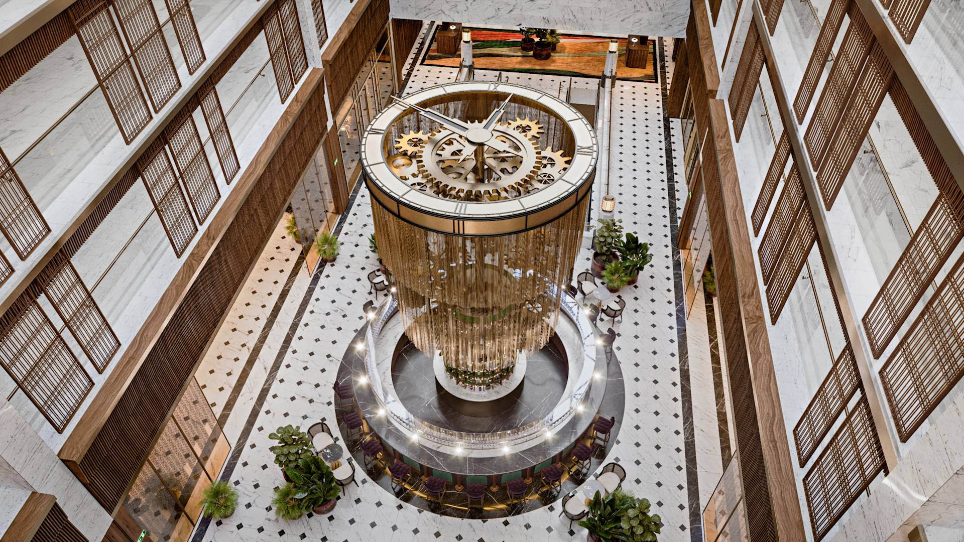 Уникальная люстра в просторном вестибюле