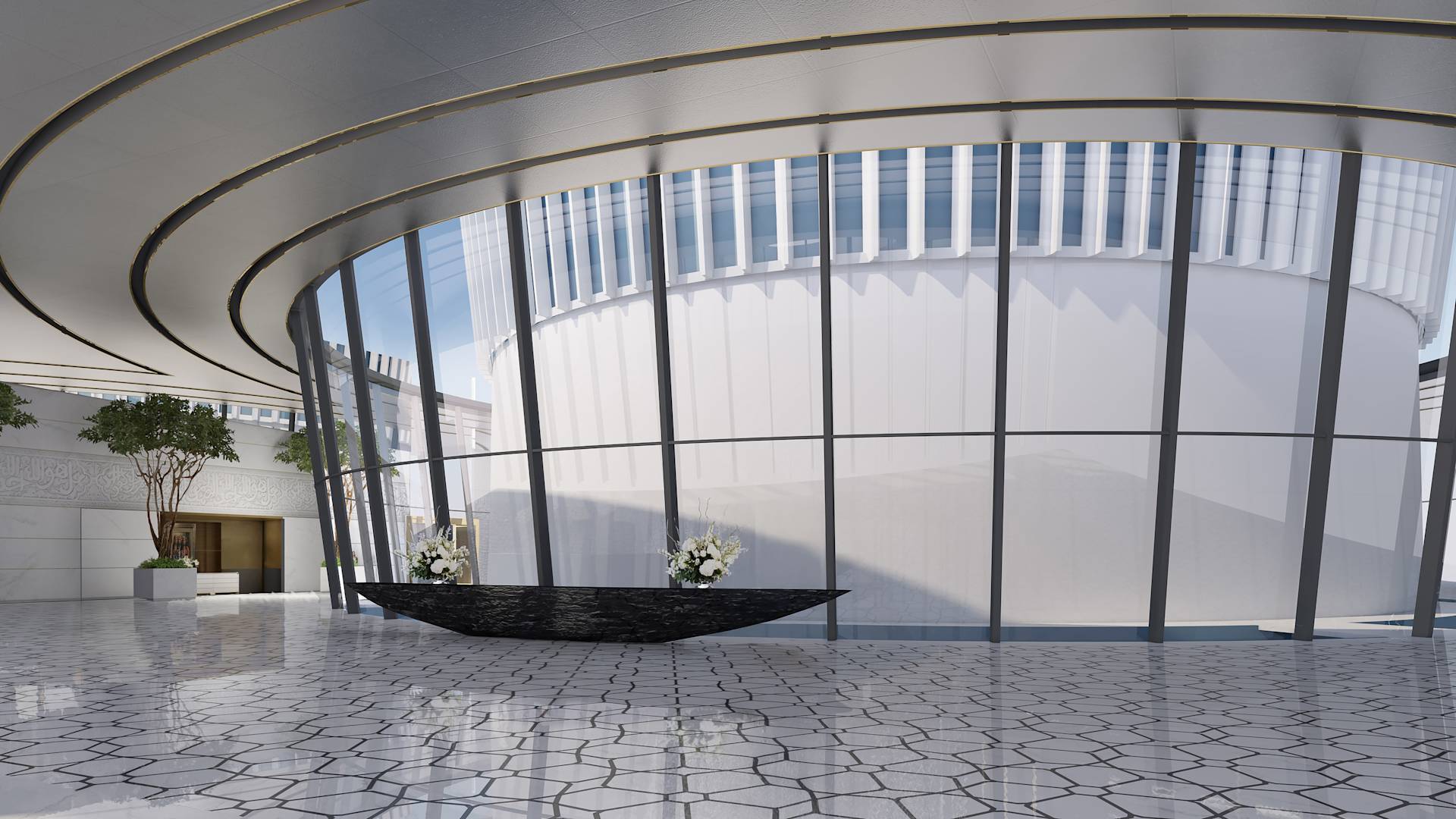 酒店内部效果图,窗户俯瞰独特建筑