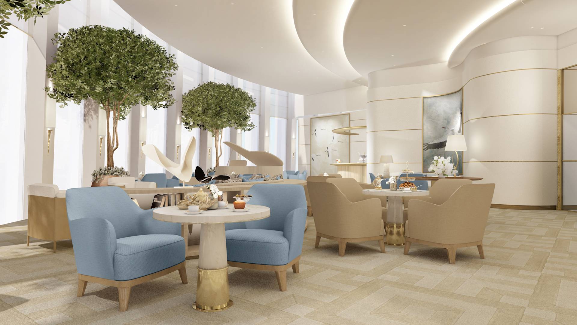 Merender lounge hotel dengan tempat duduk yang lembut dan jendela setinggi langit-langit