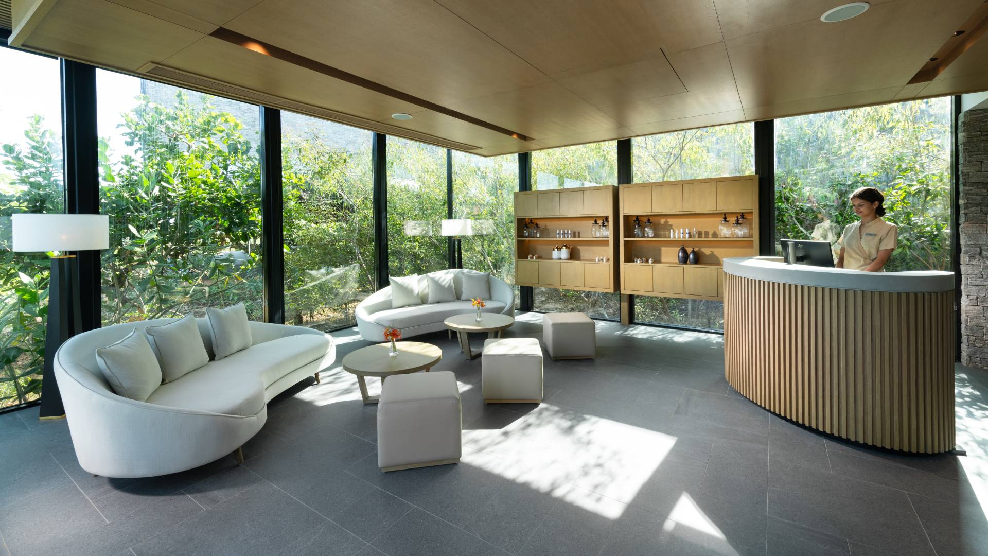 Spa reception with staff member-transition