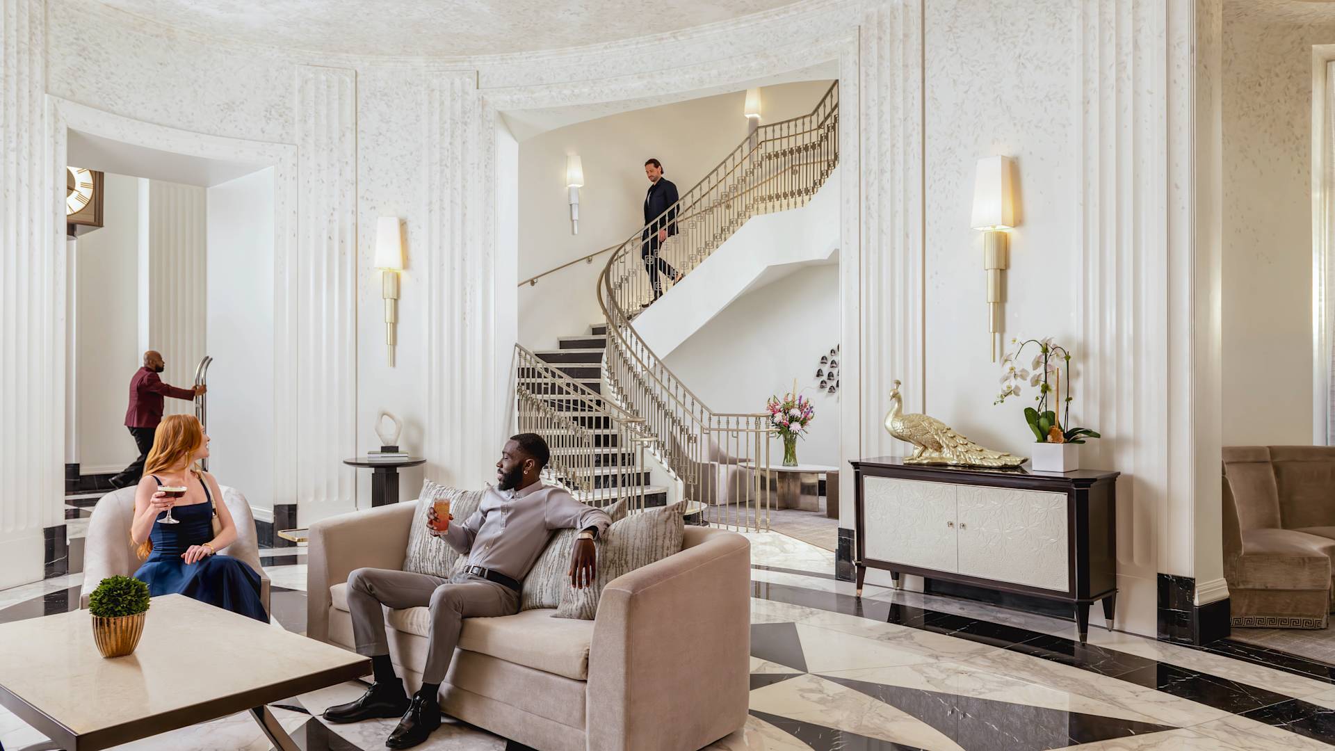 Lobby area with comfortable seating and staircase-transition
