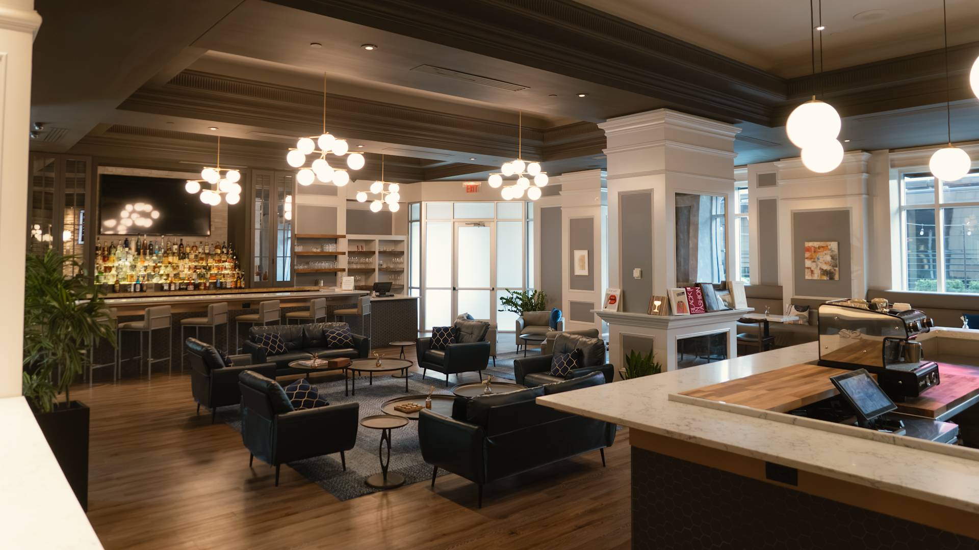 The Lounge full bar with seating and a variety of different sitting areas.-transition