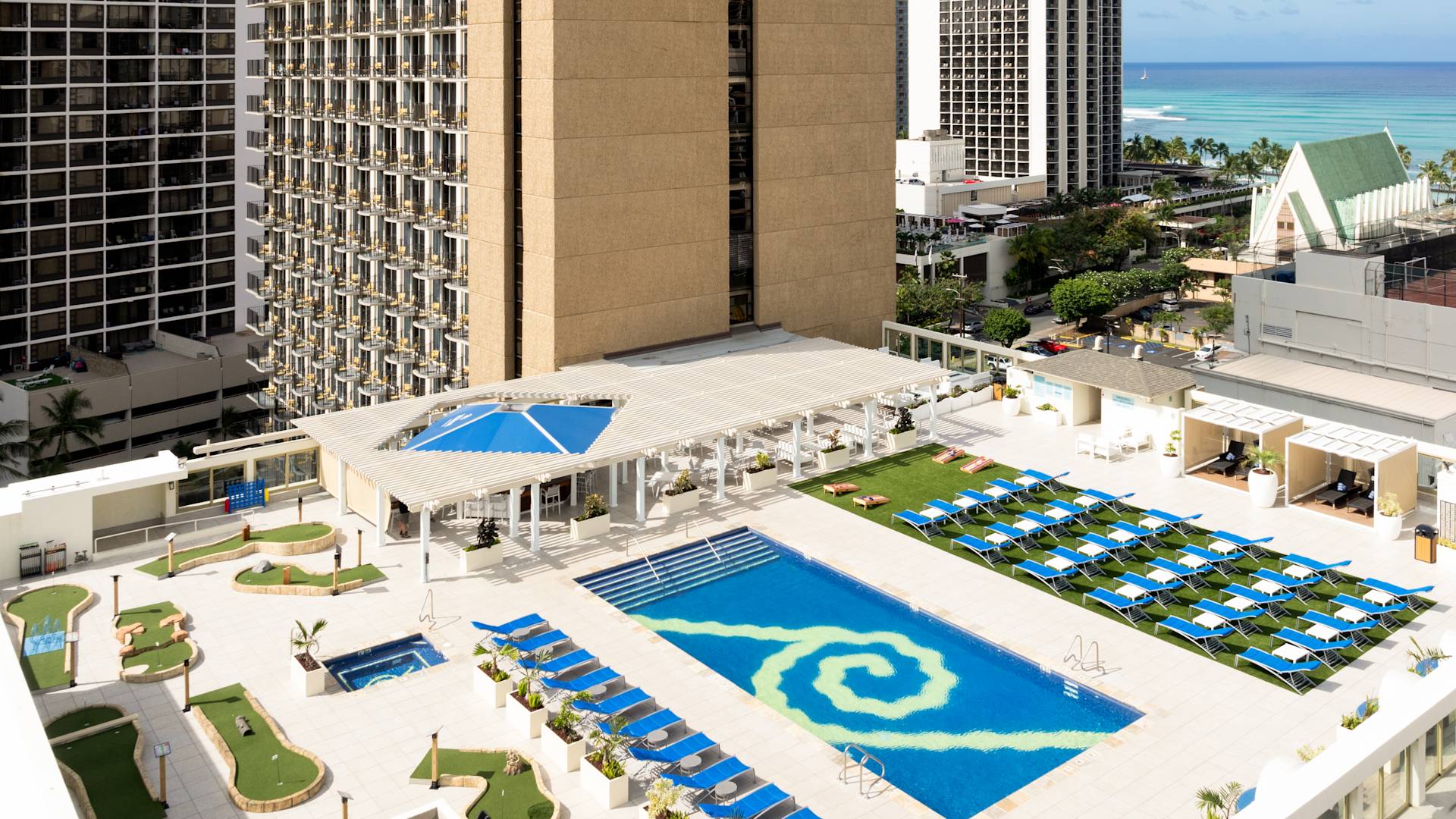 Aerial View of the Hotel and Pool Area with Ocean View-transition
