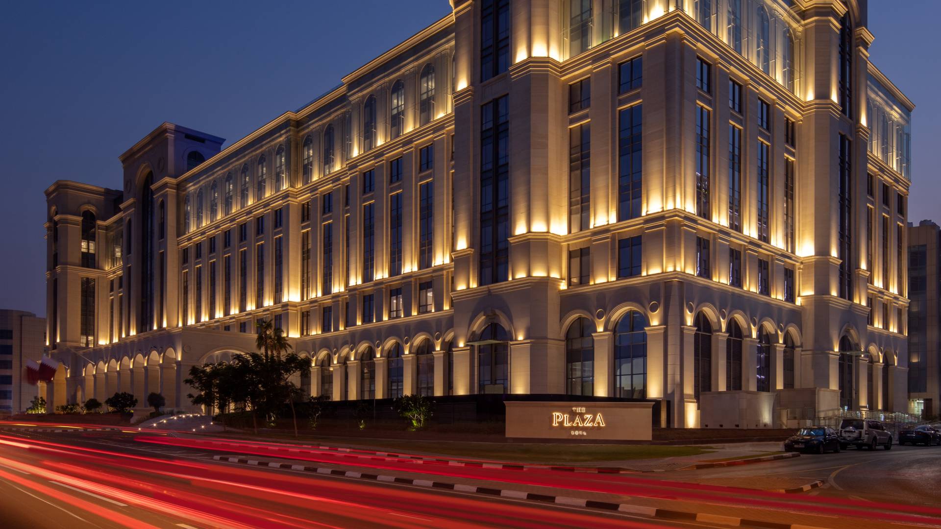 Hotel exterior with signage-transition