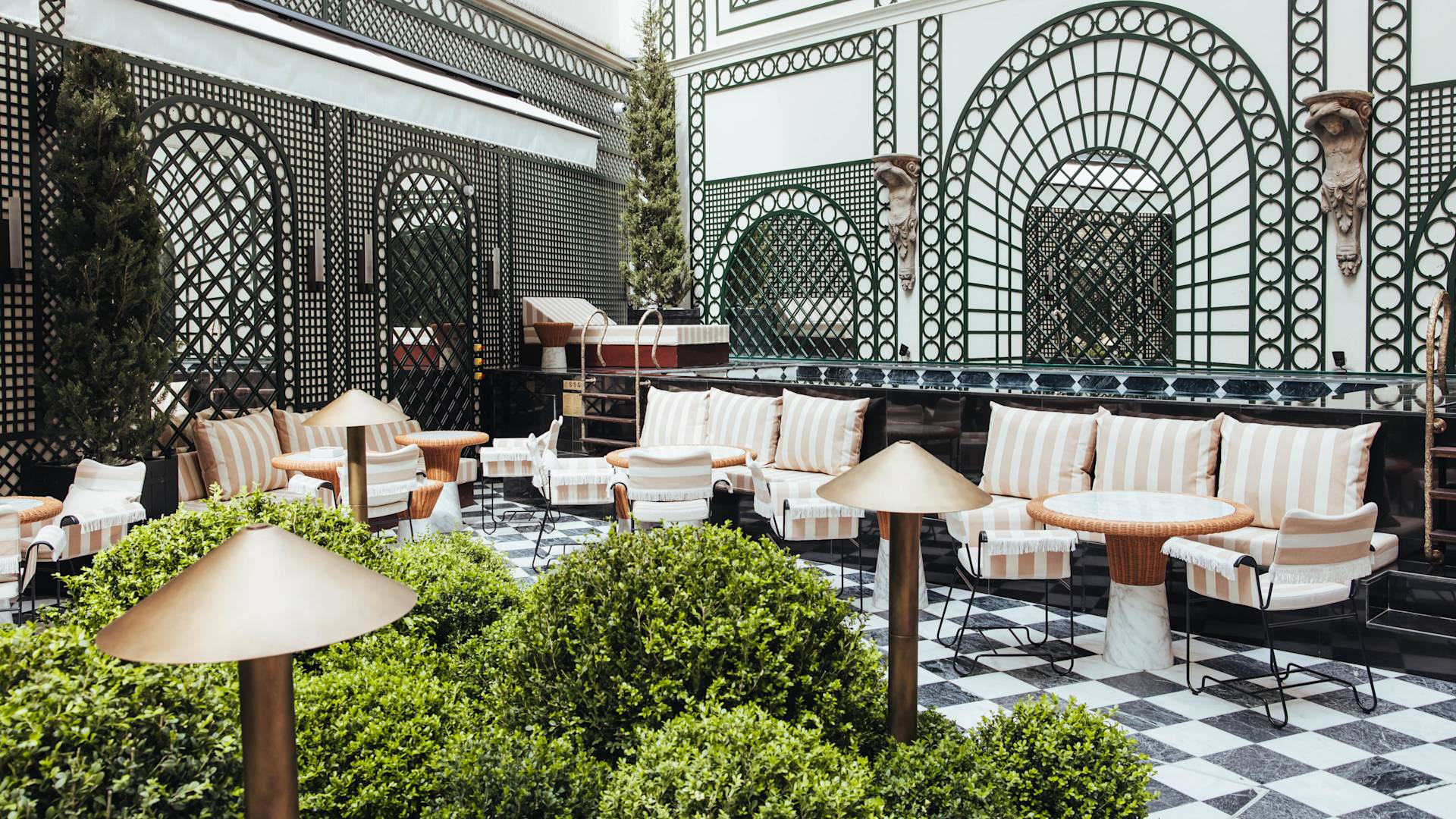 Vue sur le jardin avec arbustes verts au premier plan