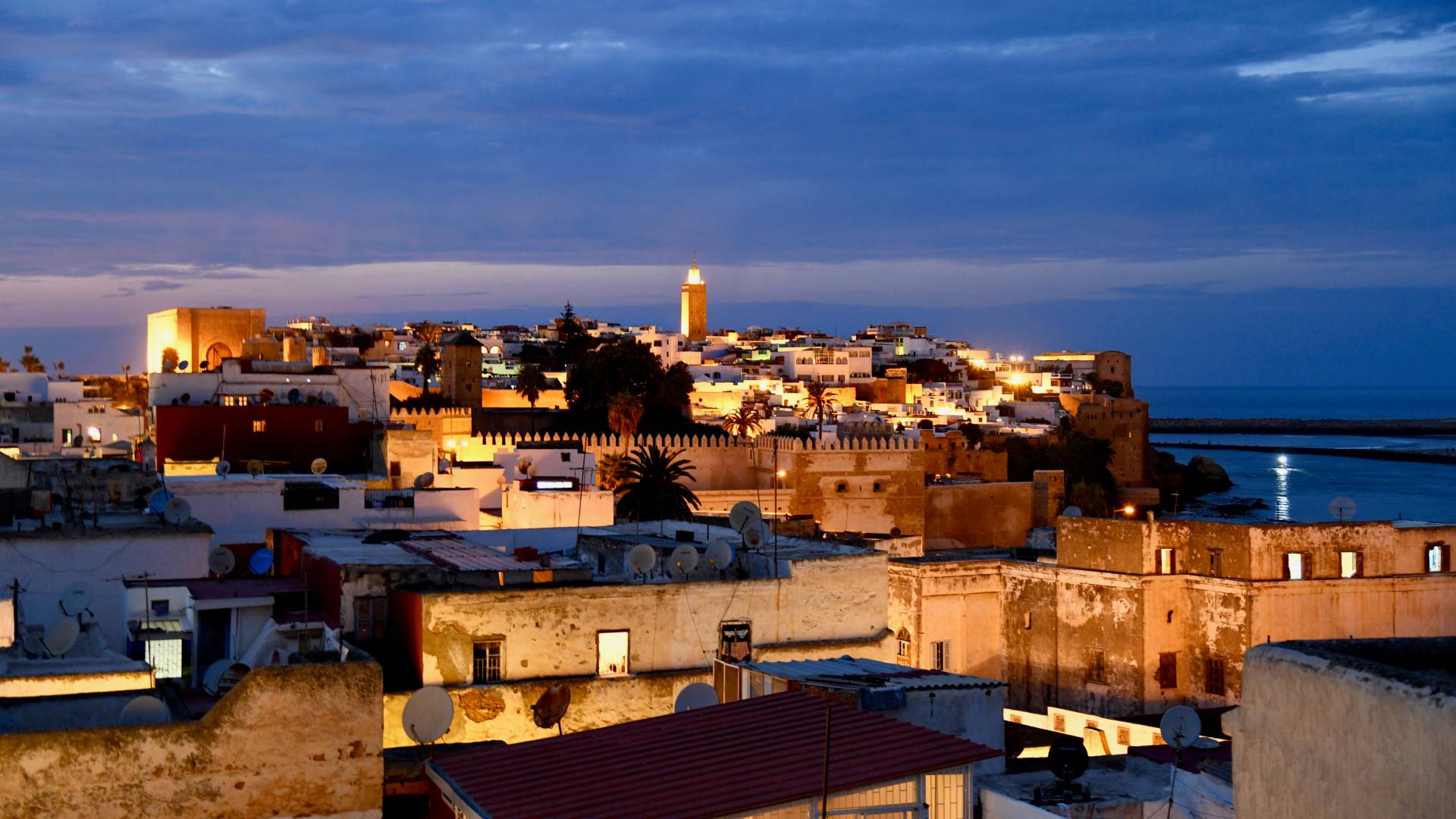 Night view of rooftops in Rabat