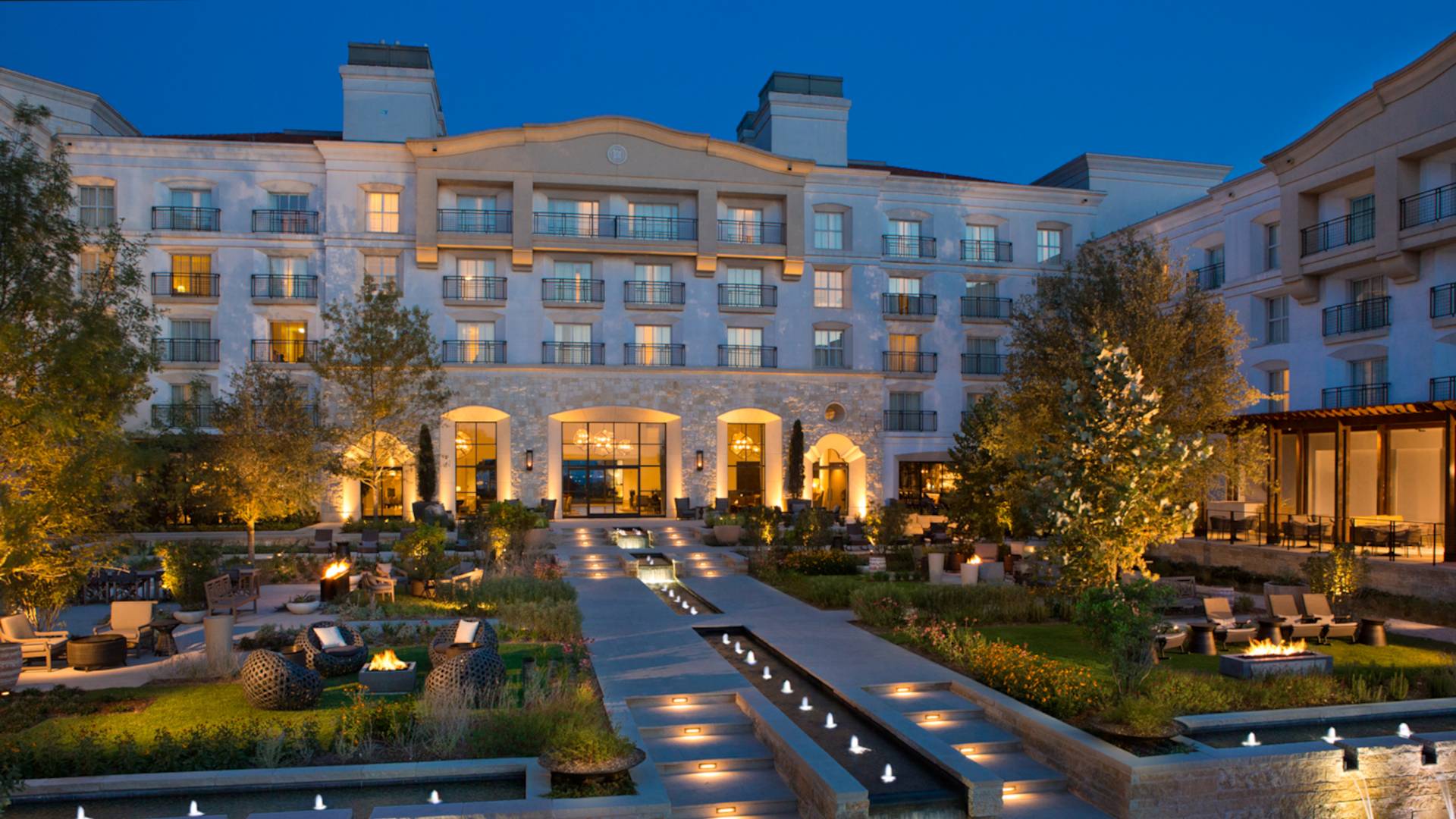 Hotel exterior building at dusk-transition
