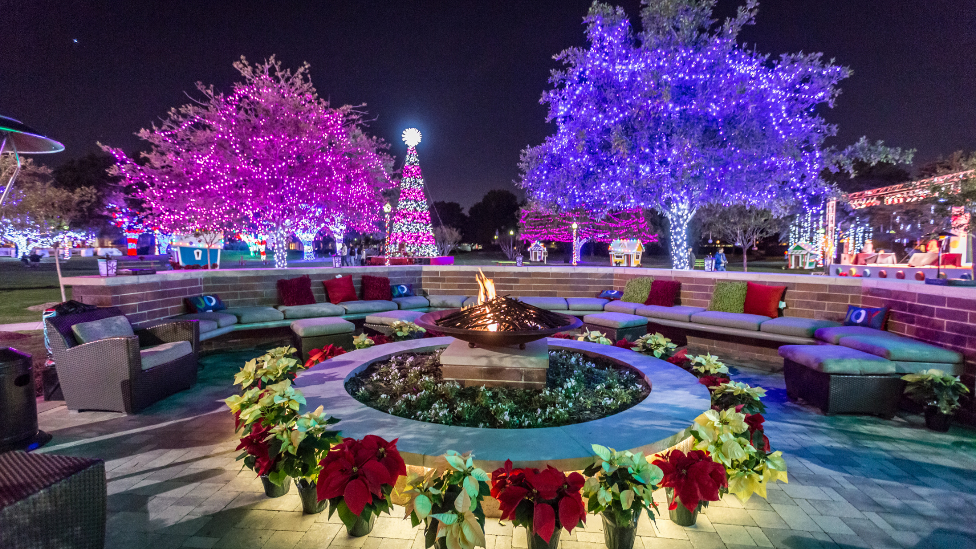 Outdoor seating area with trees decorated with lights in the background