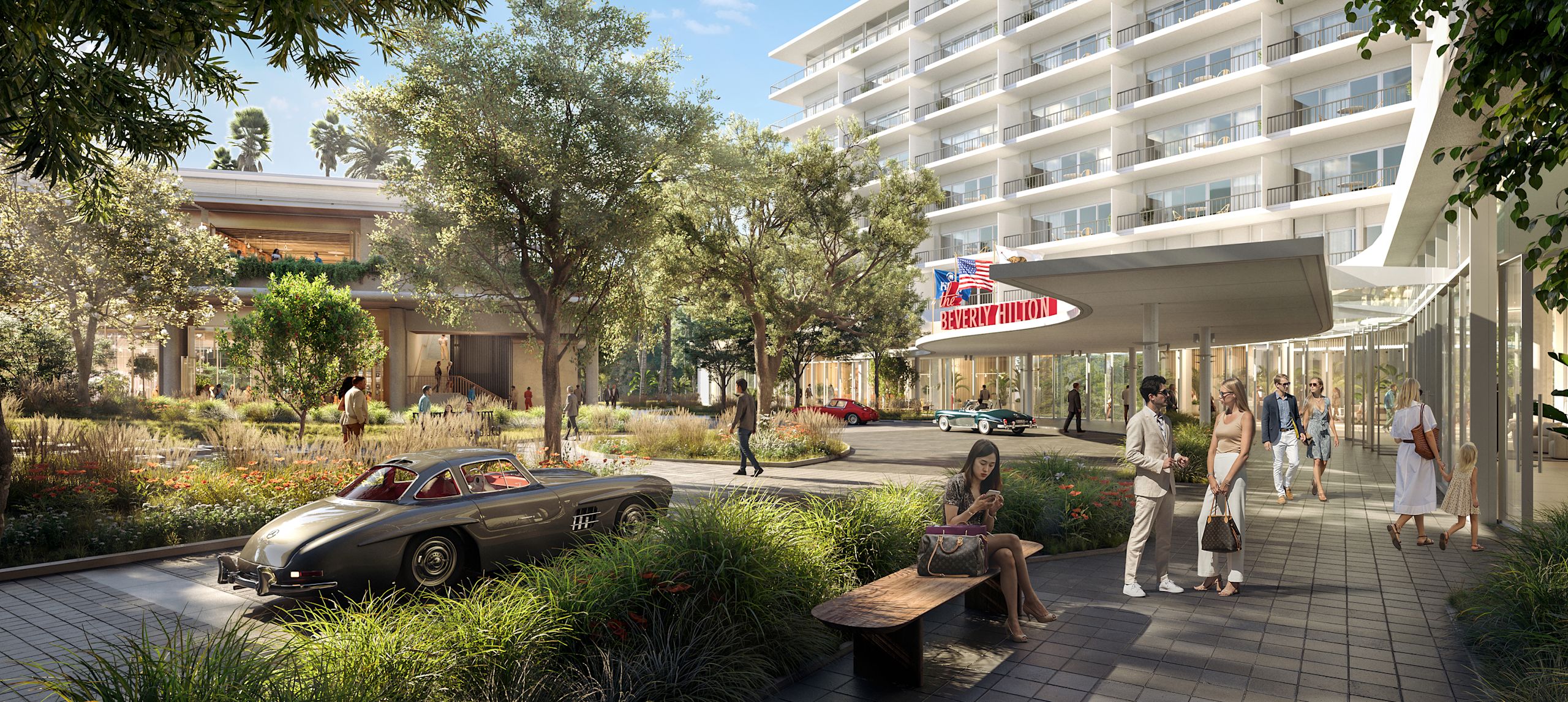 比佛利希尔顿外观效果图，外面有客人