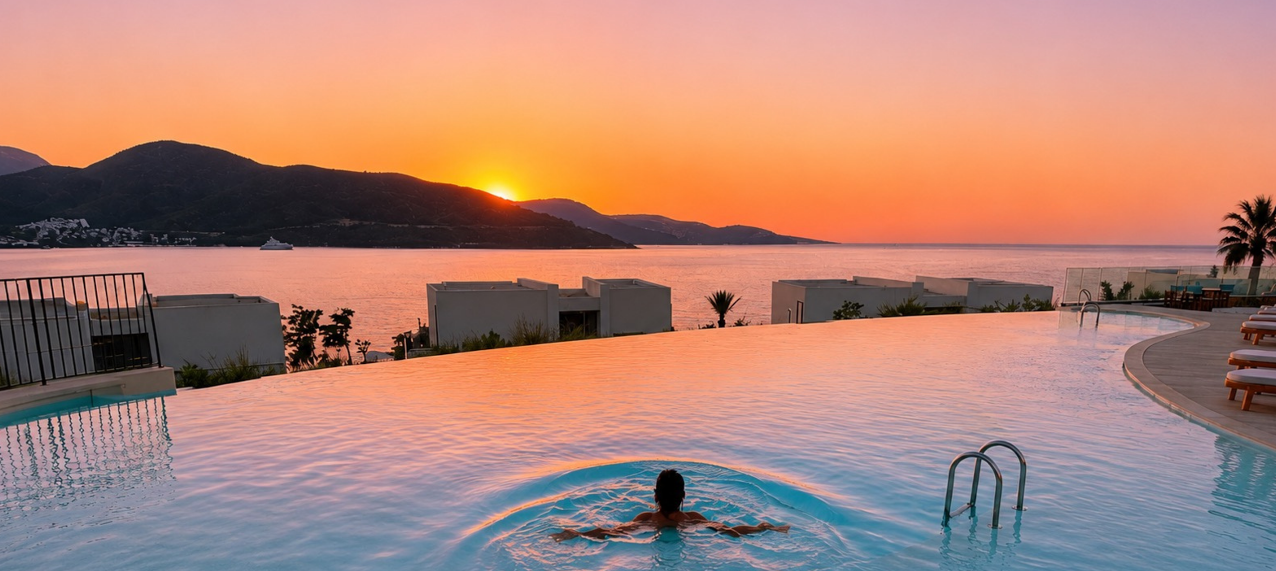 Person Swimming in the Infinity Pool with Coast View at Sunset