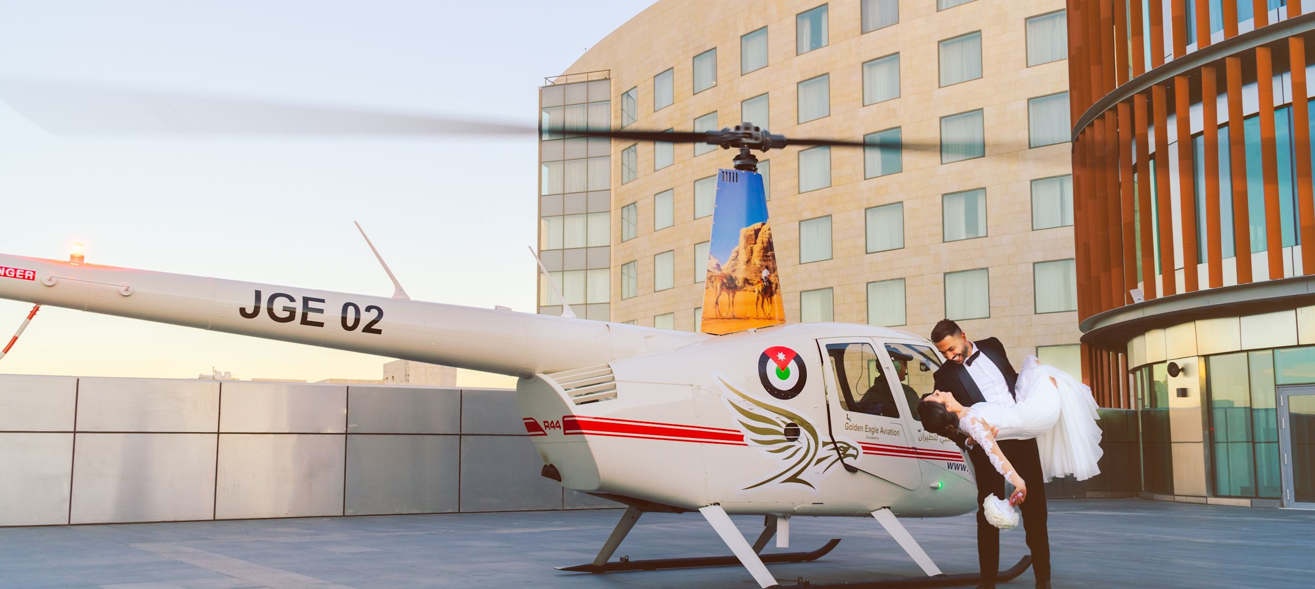 Wedding Couple with Helicopter