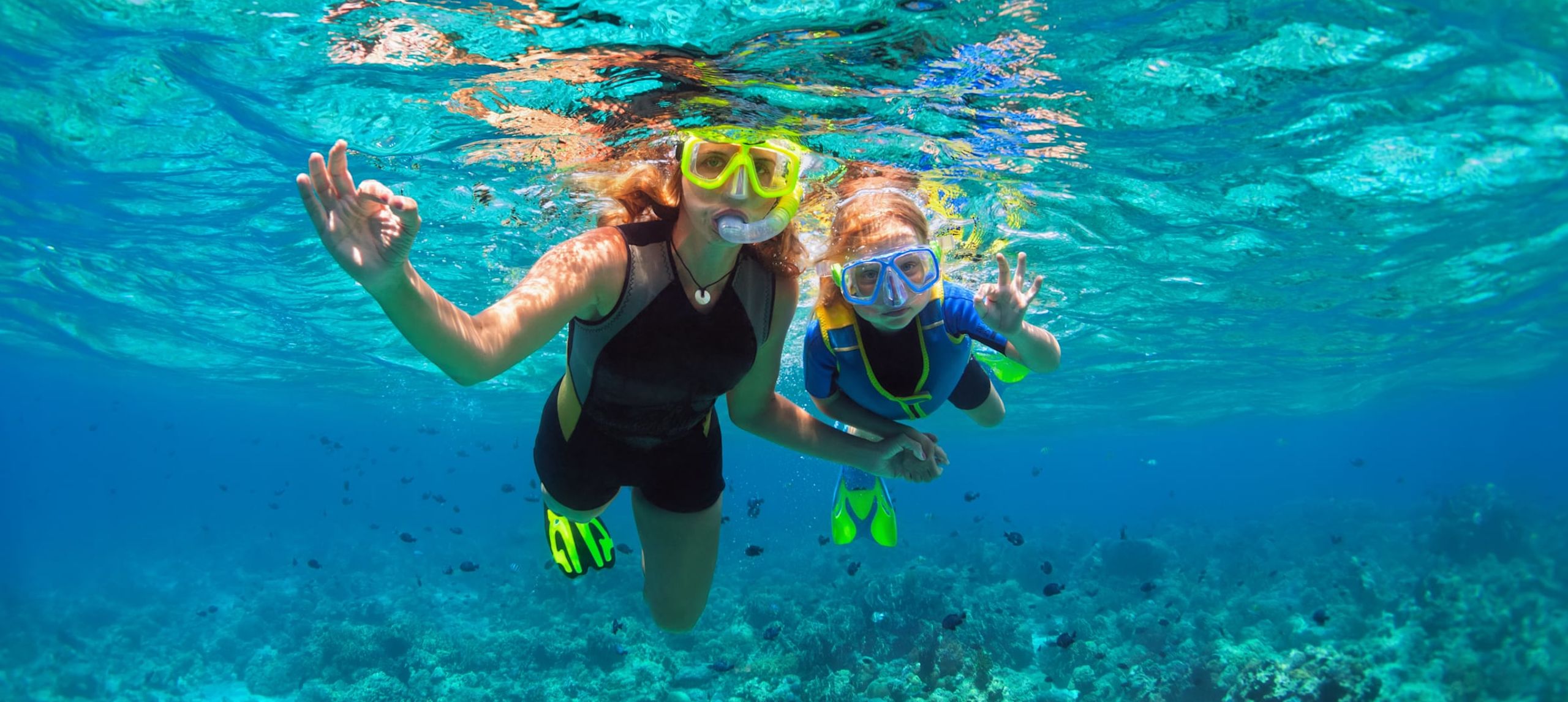 2 people snorkeling with masks in the ocean-transition