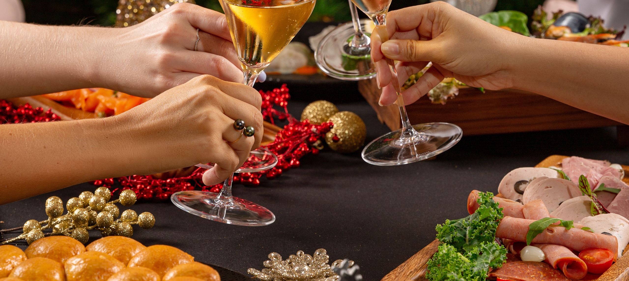 Holiday Social dinner table, guests toasting with wine-transition