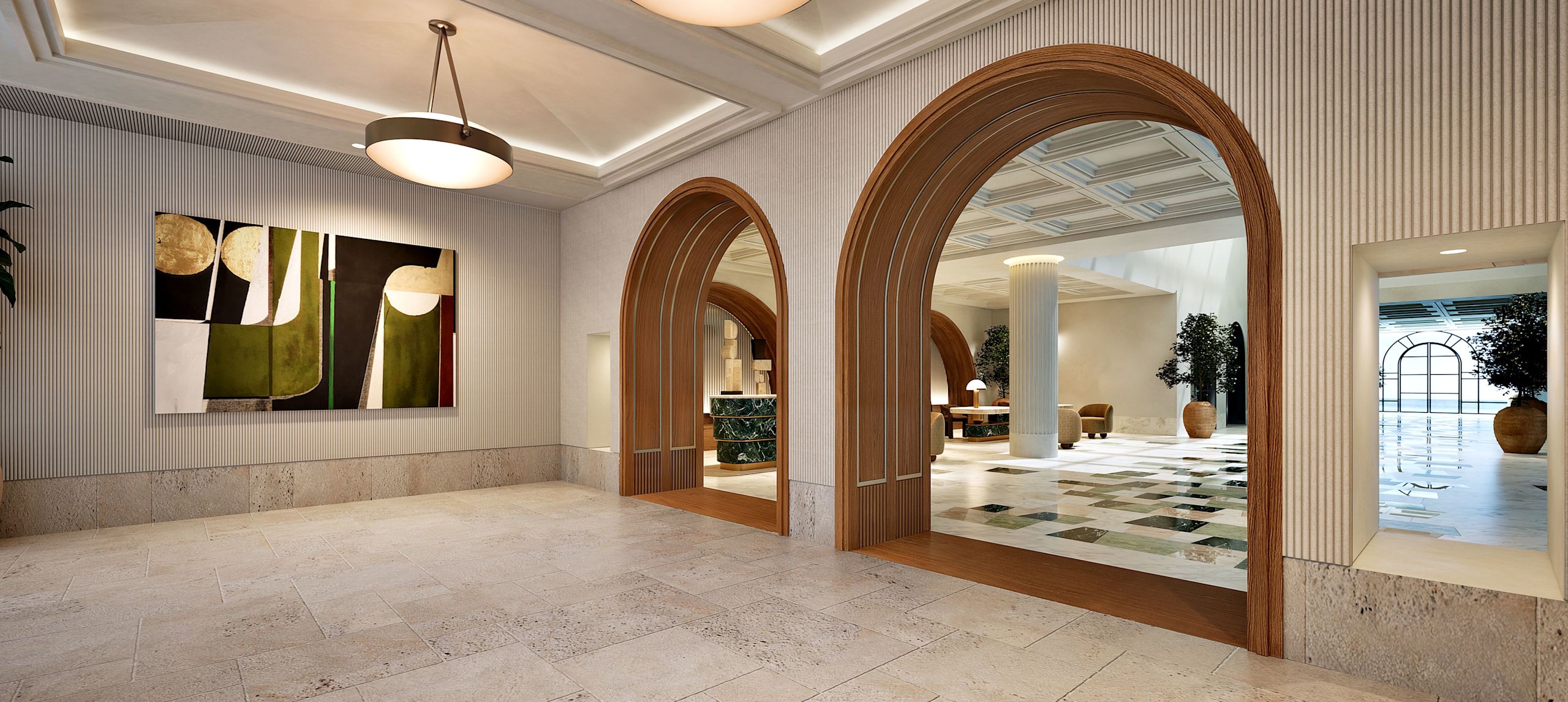 Atrio della lobby con piante e opere d'arte