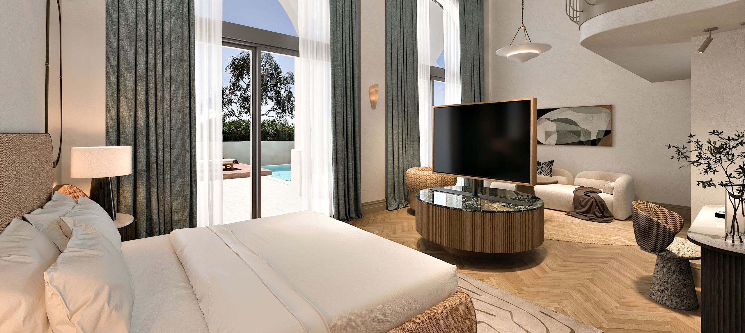 Легло в стая с телевизор< кът за сядане и растително-следващо преминаване