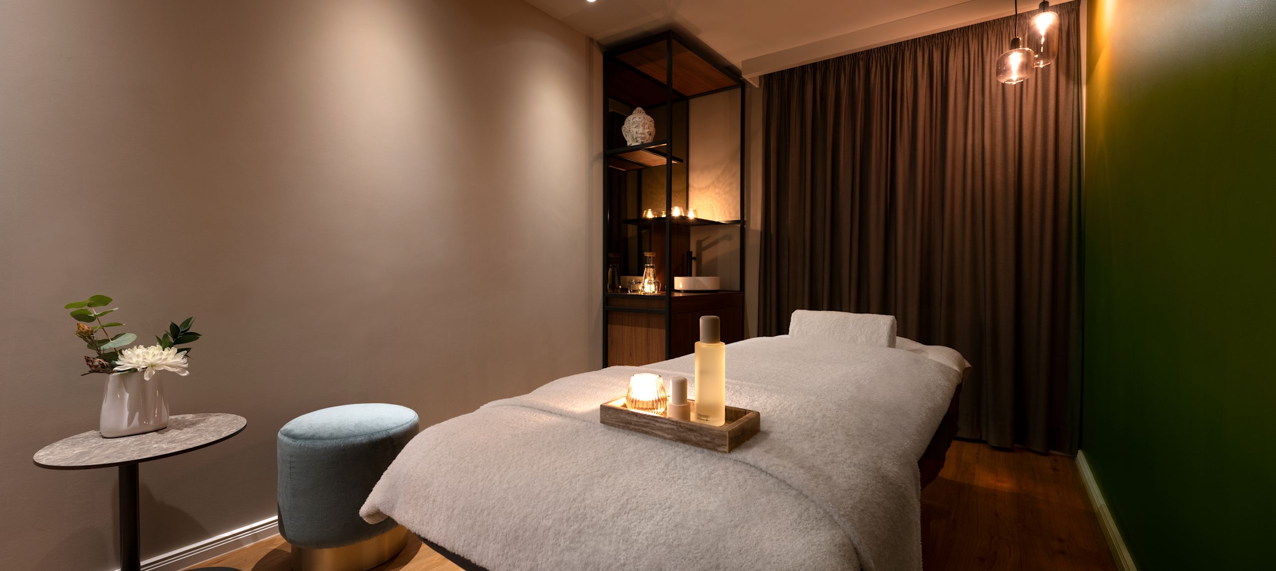 Massage Bed with Spa Products  on a Tray