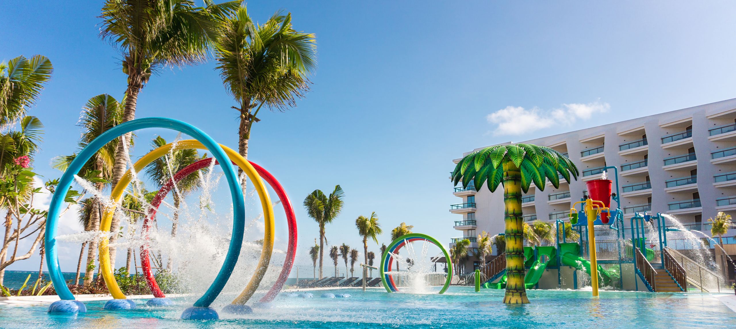 Outdoor pool with colorful hoops