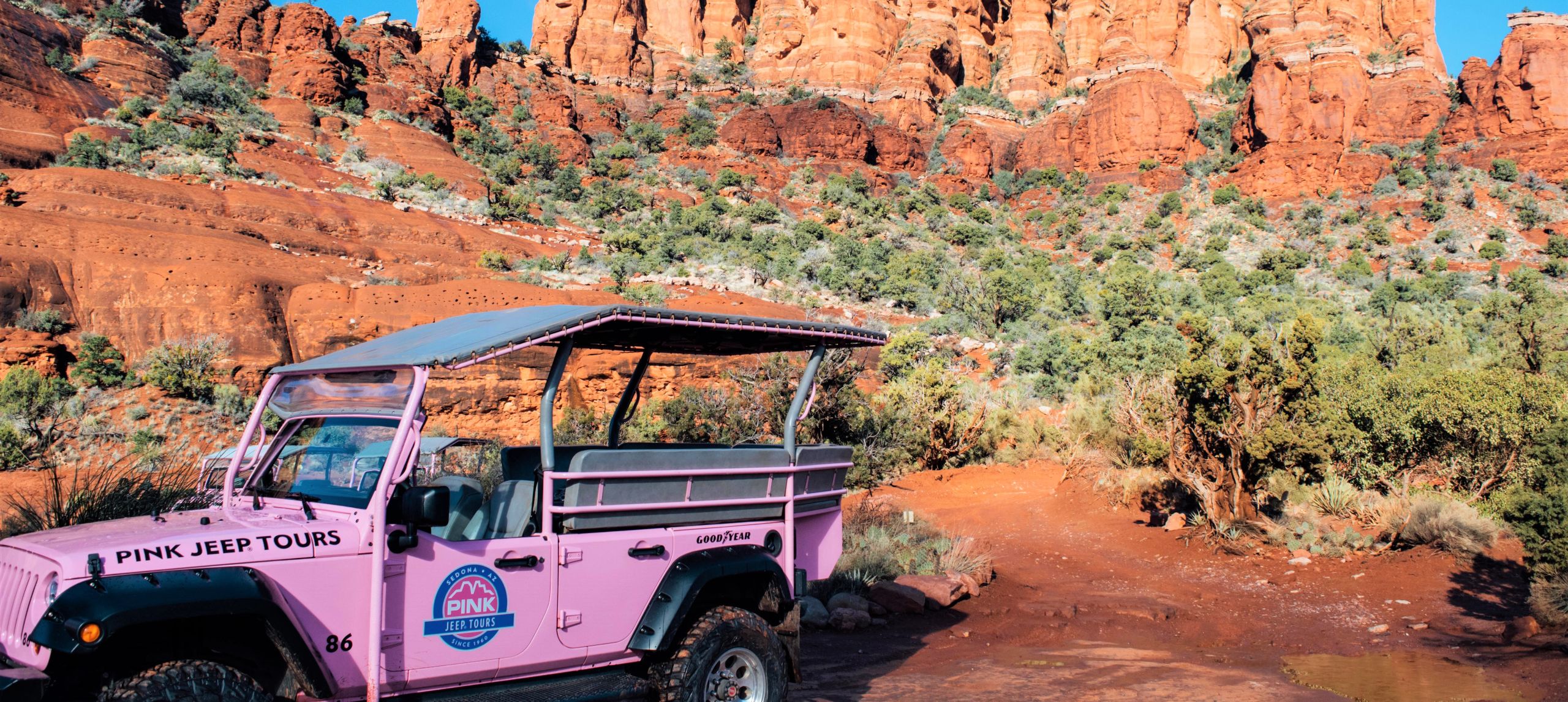 Pink jeep in front of red rocks