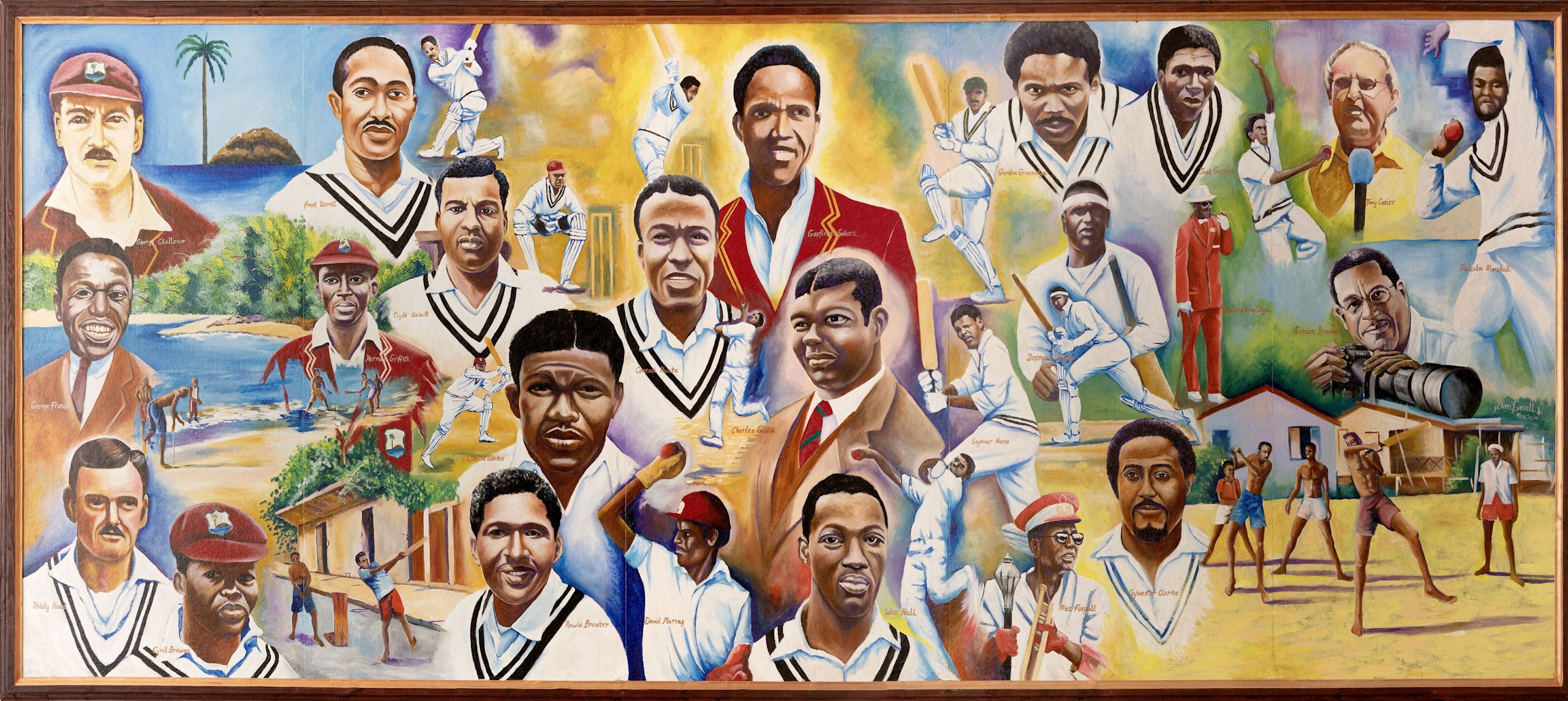 Artwork depicting a number of collection of cricket players,  with group of people playing cricket