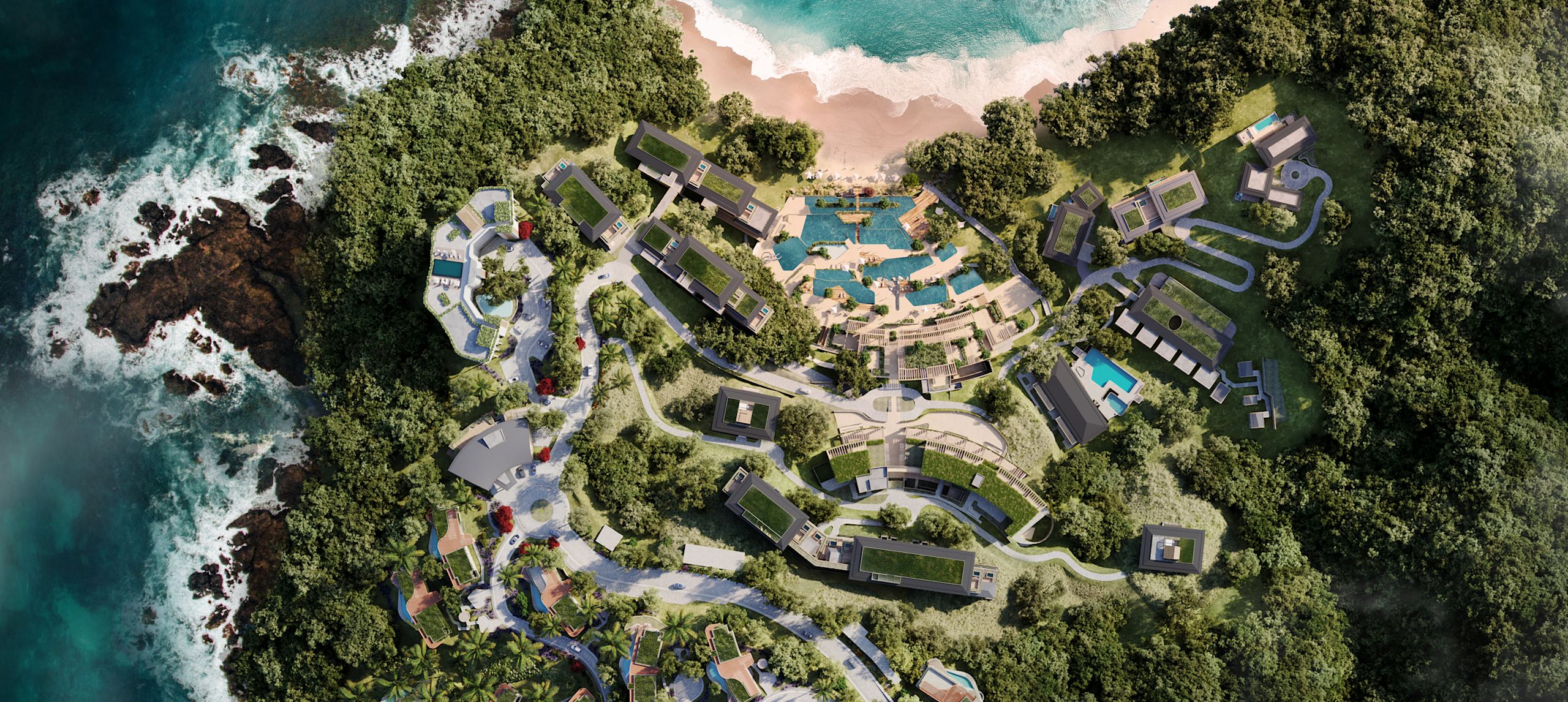 Overhead view of property showing buildings, trees and shoreling