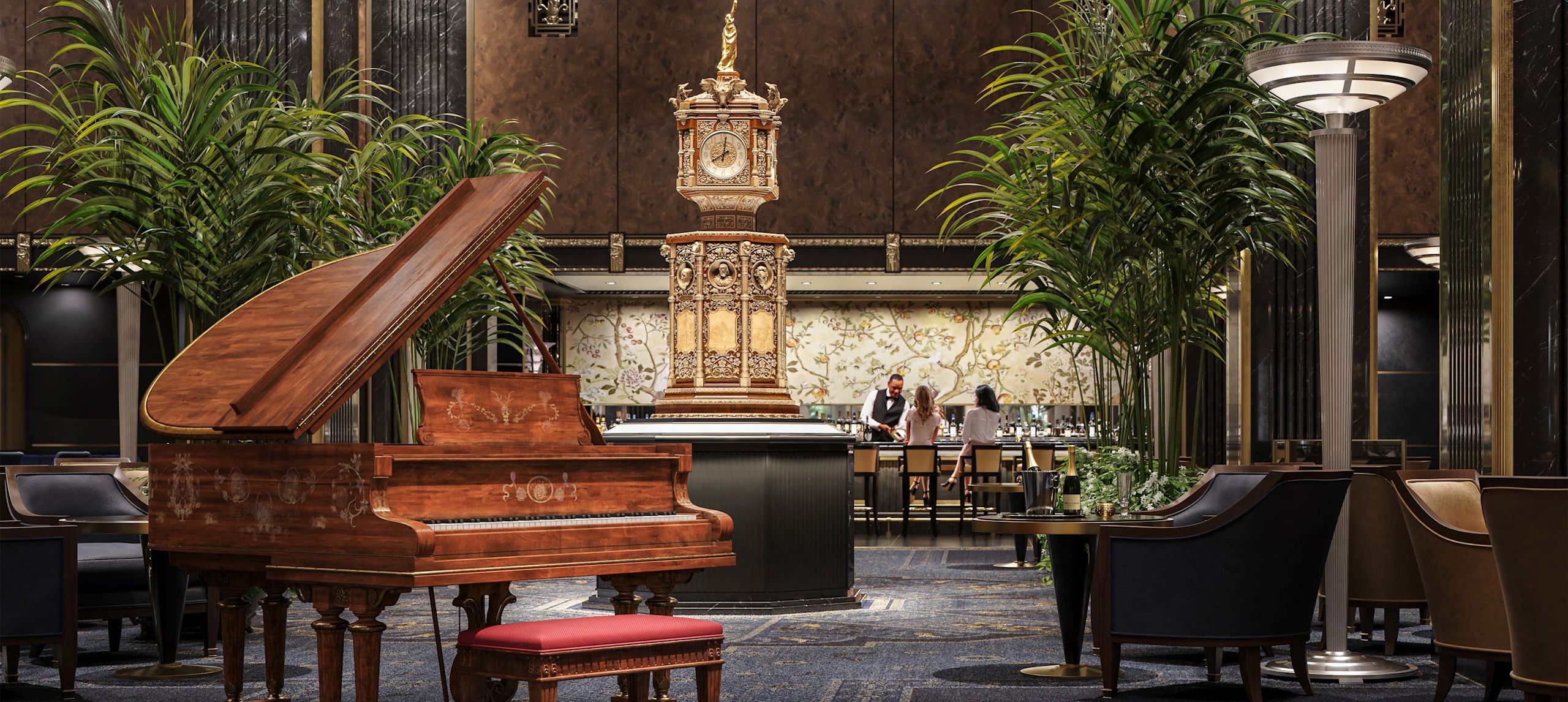 People in Lobby Area with a Clock and Grand Piano