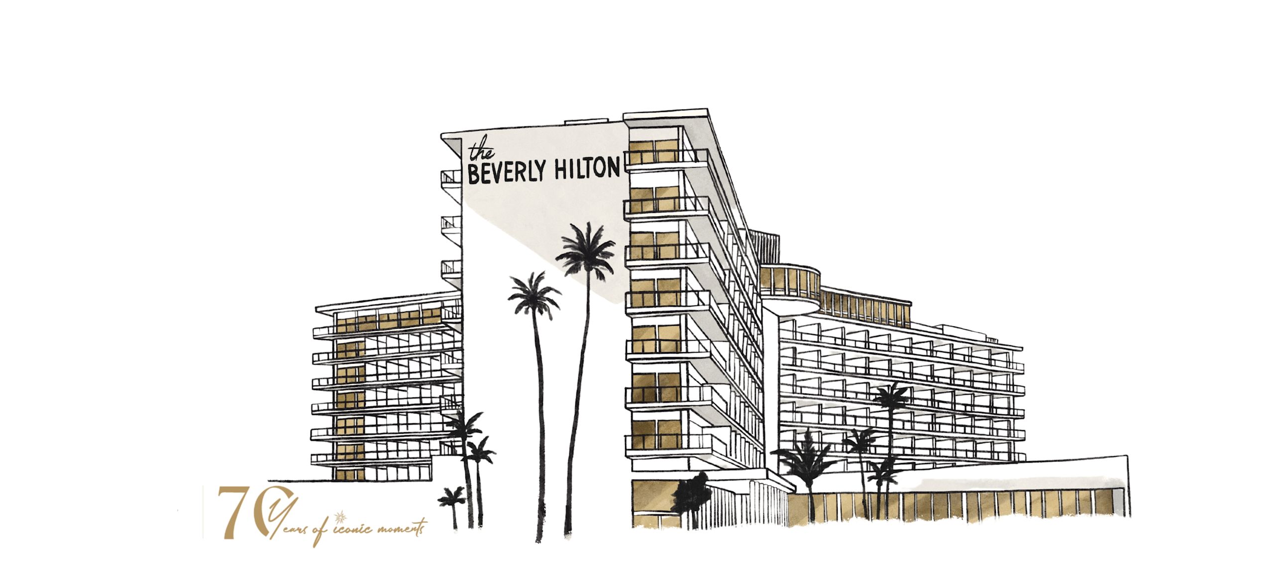酒店外观素描，70年的标志性时刻，棕榈树