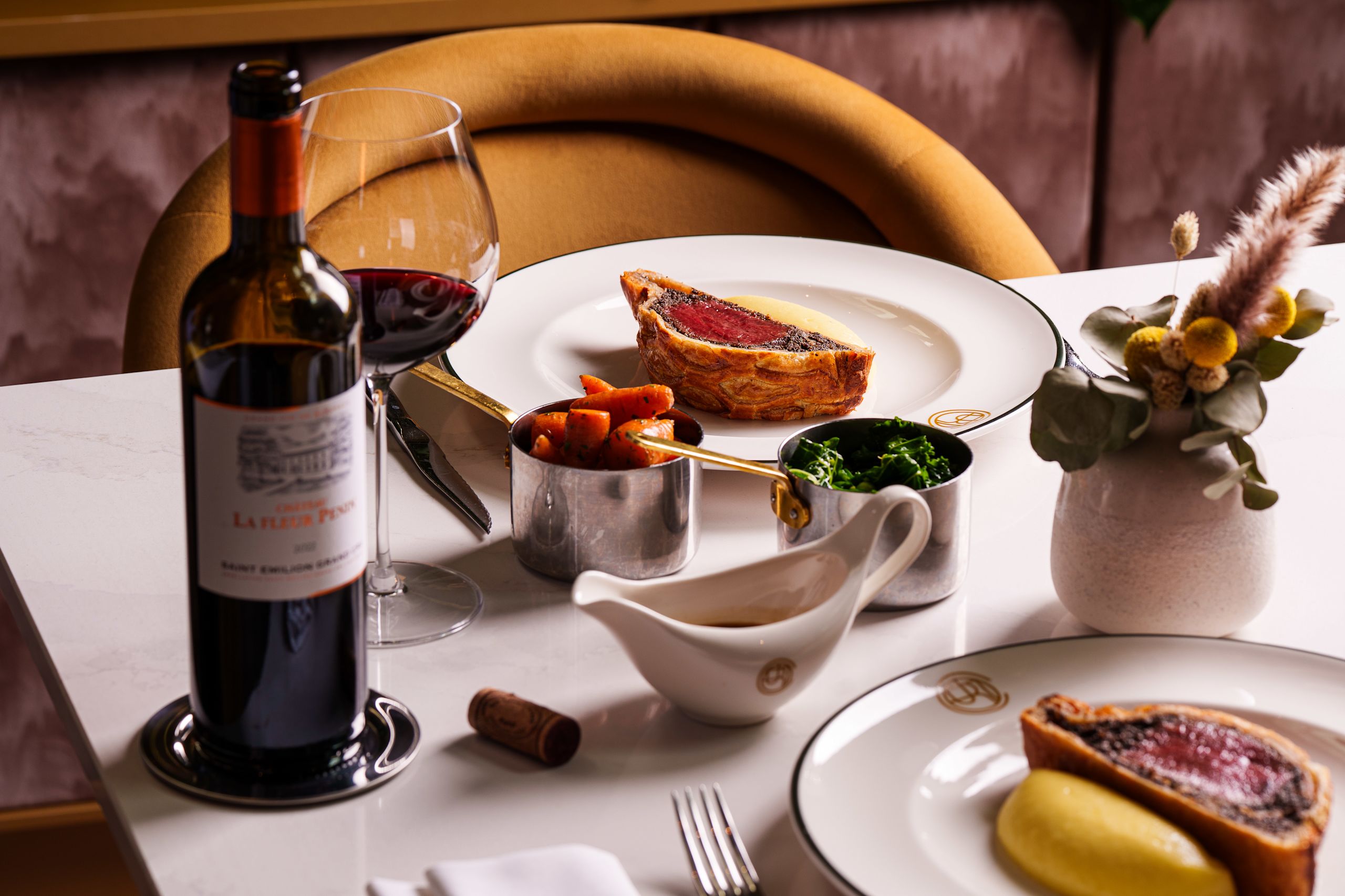 The Court restaurant, beef wellington dinner entree, side dishes, wine-transition
