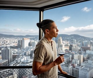 A man is looking out the window in a guest room with city view